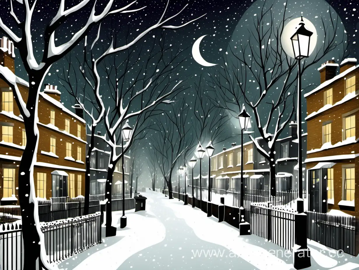 Ночной город, лондон, зима, прогулка, парк, аллея, фонари, боковая перспектива, заснеженные деревья, крыши домов, современный город, луна, 
