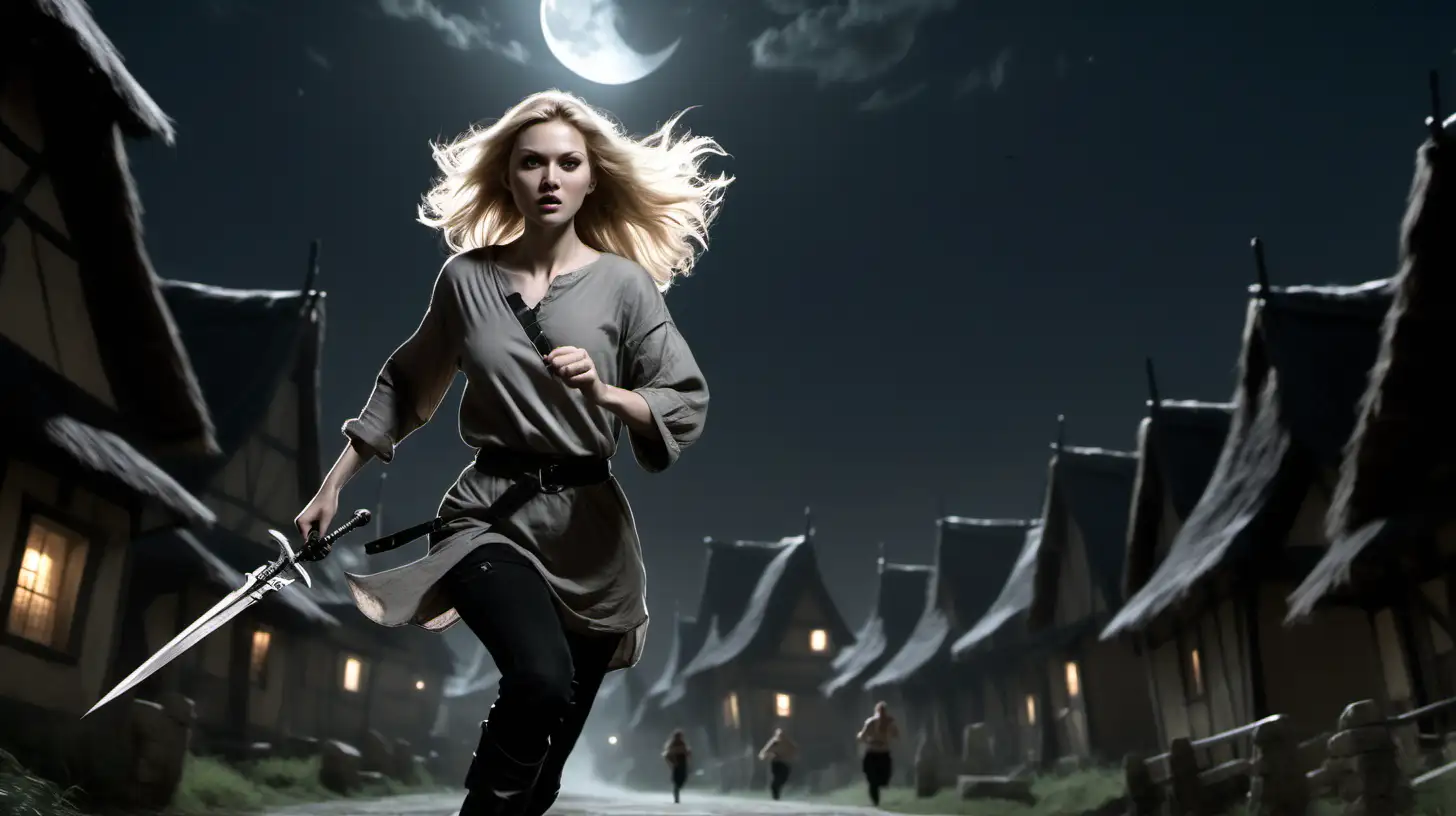 a woman with flowing blonde hair in a short grey tunic and black pants holds a small dagger as she runs through a village in the moonlight. she is on the right of the image. she has a weapons belt strapped to her waist and knee high black boots.  she is on the right of the image. 