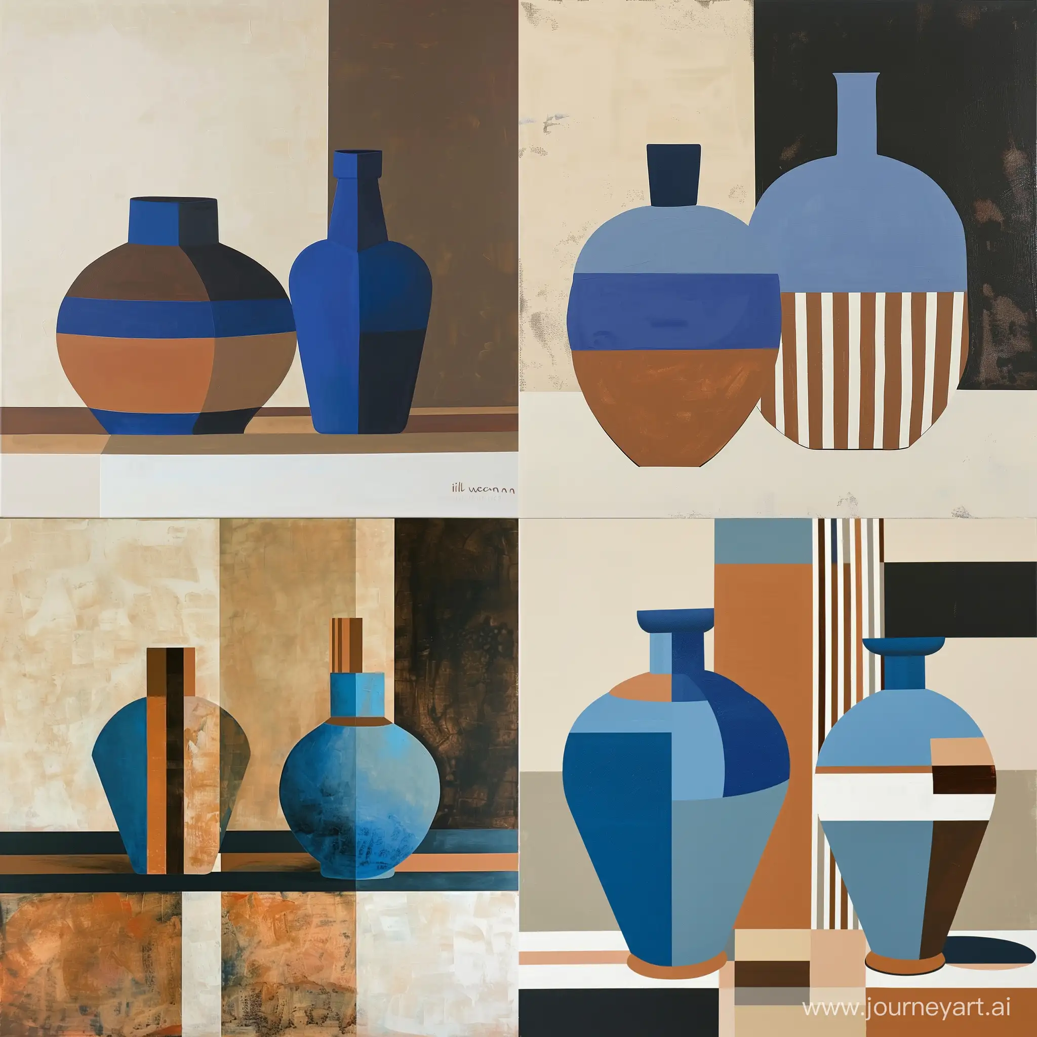a painting depicting two blue and brown vases, in the style of bold lines and shapes, dark beige and white, william wegman, terracotta, stripes and shapes, bold figuration, mural painting