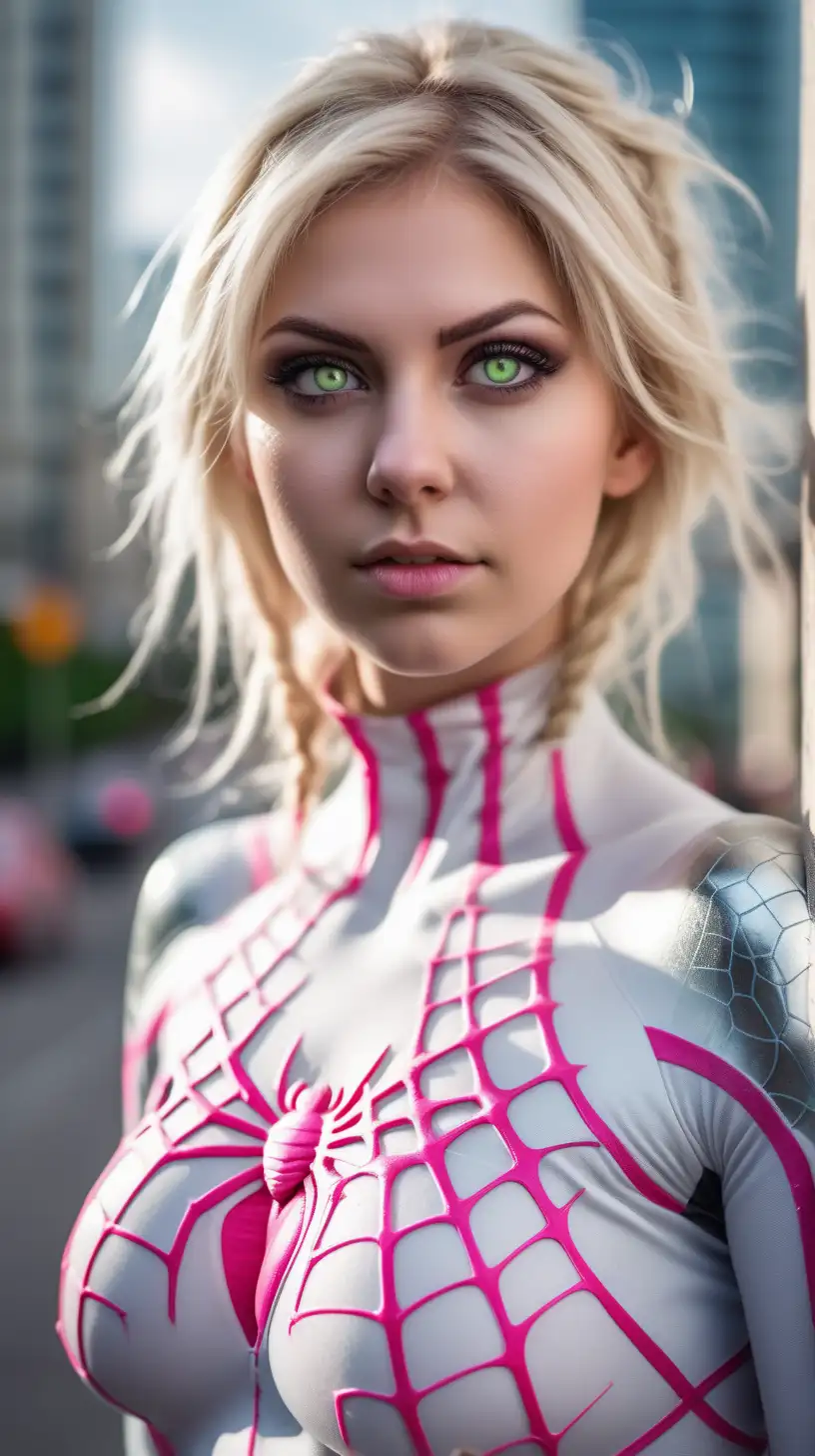 Beautiful Nordic woman, very attractive face, detailed eyes, light green eyes, big breasts, dark eye shadow, messy blonde hair, wearing a white pink and grey skintight spider mutant cosplay costume, close up, bokeh background, soft light on face, rim lighting, facing away from camera, looking back over her shoulder, standing in front of the city, photorealistic, very high detail, extra wide photo, full body photo, aerial photo