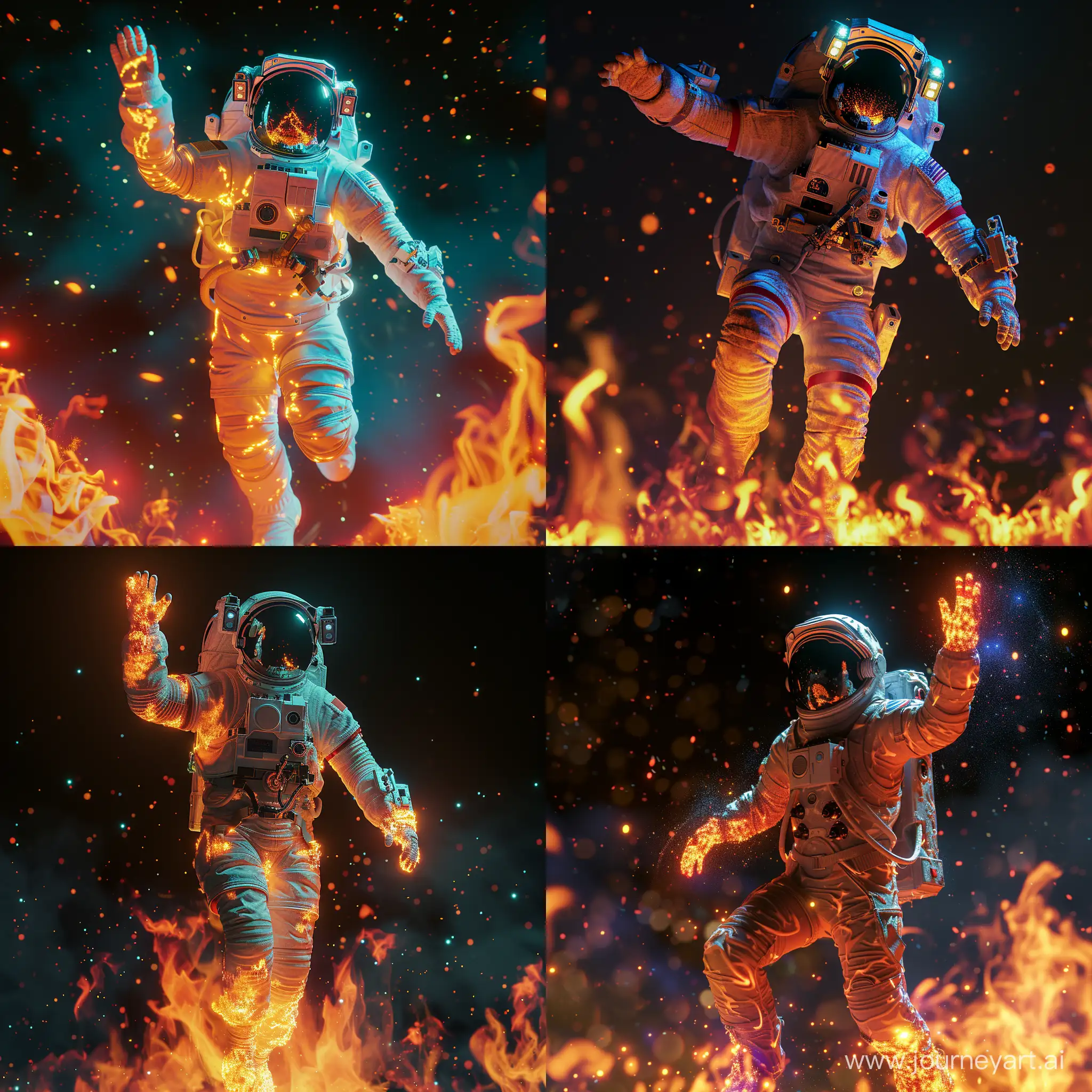 astronaut in a modern plastic suit walking in fire in space ,trying to go up with one hand up , stylish and intense, mystical, long shot, Blender rendering, dynamic composition, 100mm, extreme wide shot  photo, color gradient, Greaser, flood lighting, ultra realistic, photorealistic, unreal engine, hyper detailed, volumetric lighting,low opacity light blue light , blure minimalism black background, hdr, octane render, 8k, kaleidoscopic, symetric ,intricate details and textures ,heavily textured ,cinematic view --style raw --v 6