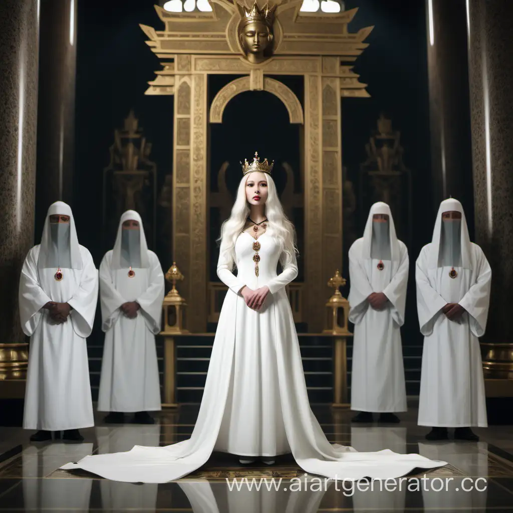 Королева, молодая, красивая женщина, в белом платье и с короной, стоит посреди храма. Длинные белые волосы. Вокруг неё множество слуг в таких же одеждах. Они стоят на коленях, их лица скрыты под религиозными масками.