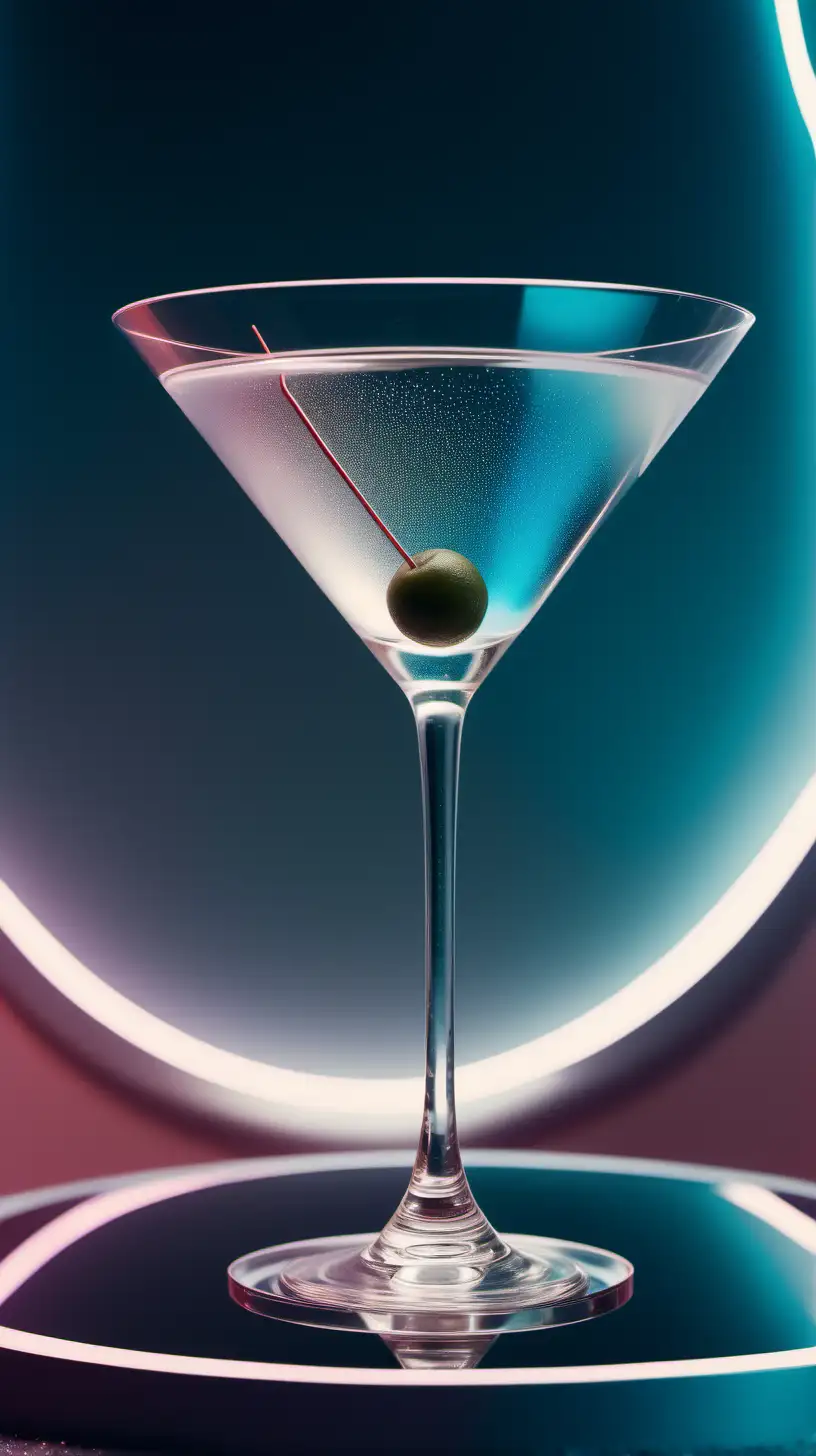 film photography, minimal martini cocktail in a futuristic galaxy set up, minimal organic shapes, beautiful art direction, intrincate light effects, soft light tones, open space background 