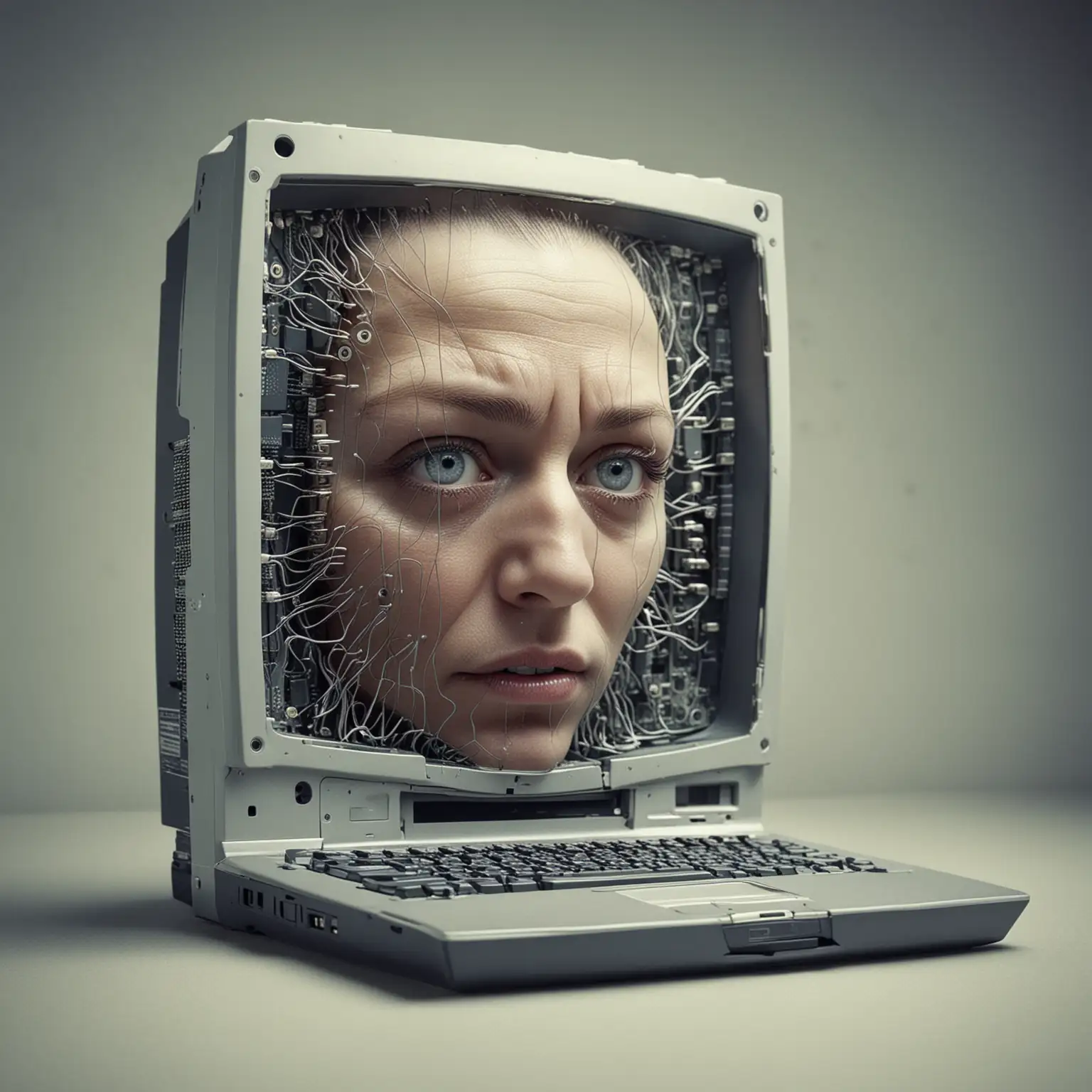 a face stuck inside a computer, surreal
