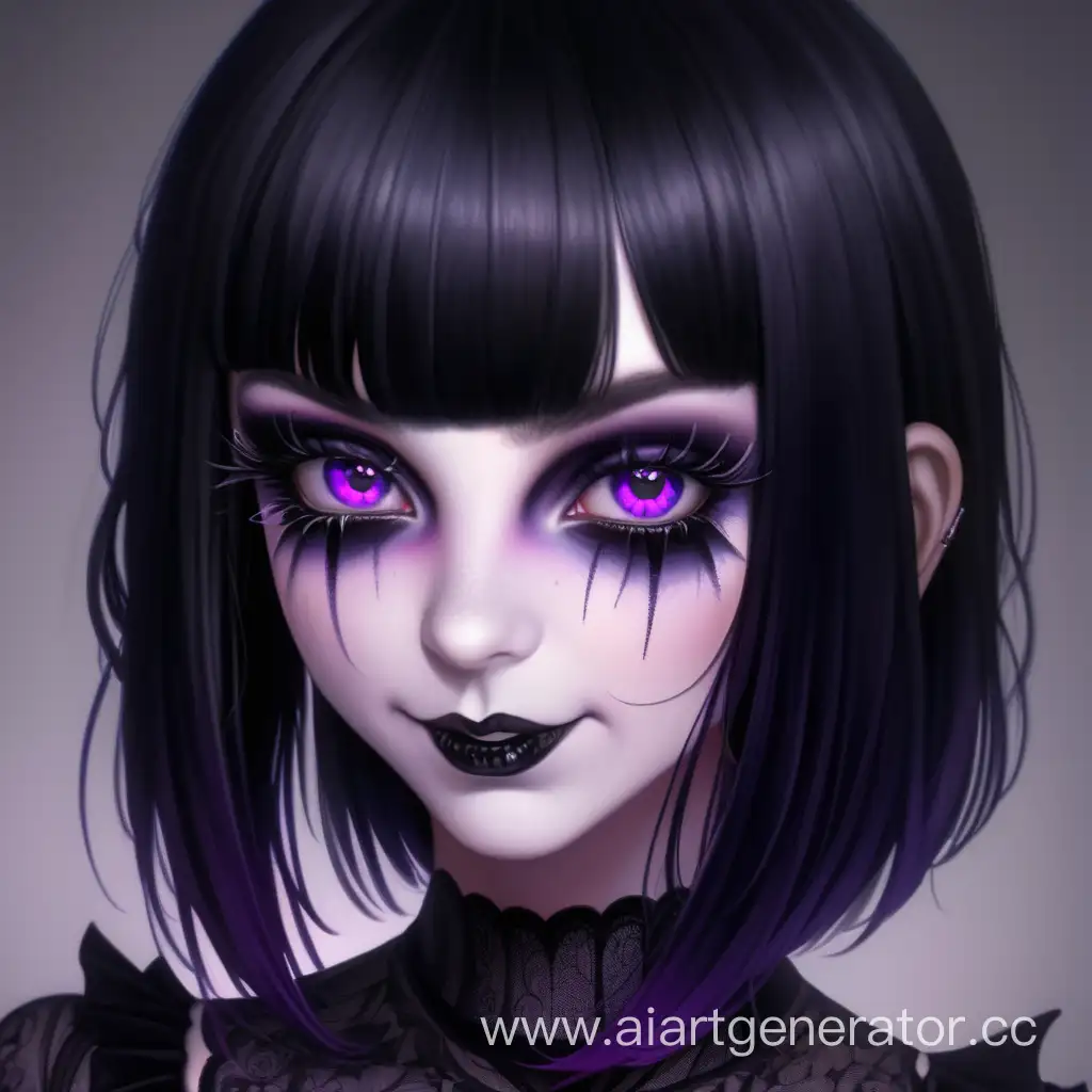 Adult girl, 20 years old. Purple sparkling eyes. Black bob with bangs. (Gothic black makeup). Crazy psycho laughing. Close up, portrait. Sexy. https://topart.ai/img2img/?ysclid=lr6x1a6svy49353334