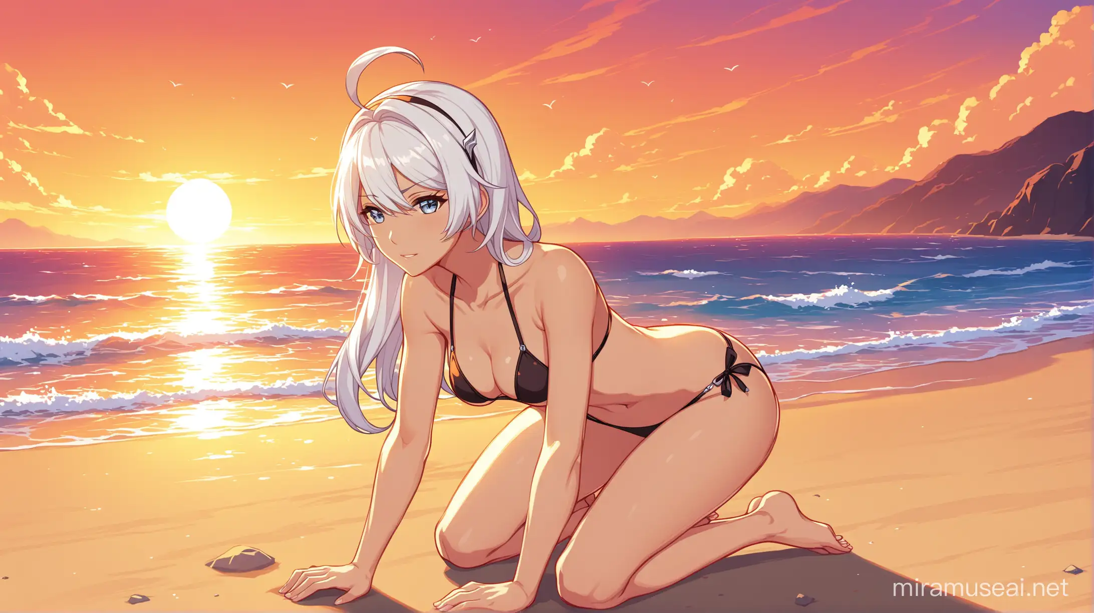 Kiana Kaslana character from Honkai Impact 3rd pray kneeling touching the ground in the beach in tiny bikini's sunset
