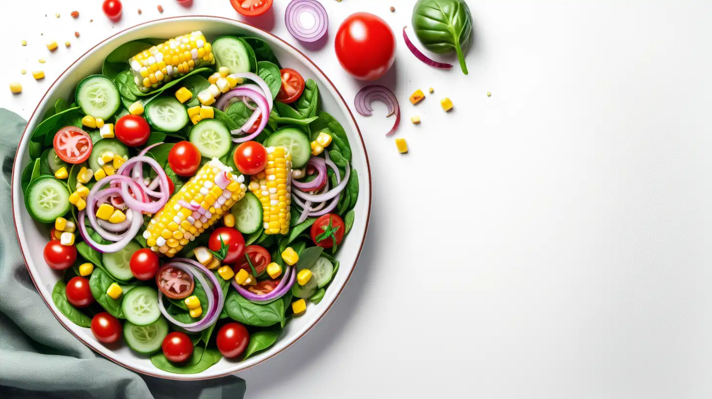 Spinach salad with cherry tomatoes,corn salad,cucumber and red onion. Healthy food concept, Food for diet. white background. Top view with text space. Generated with AI.