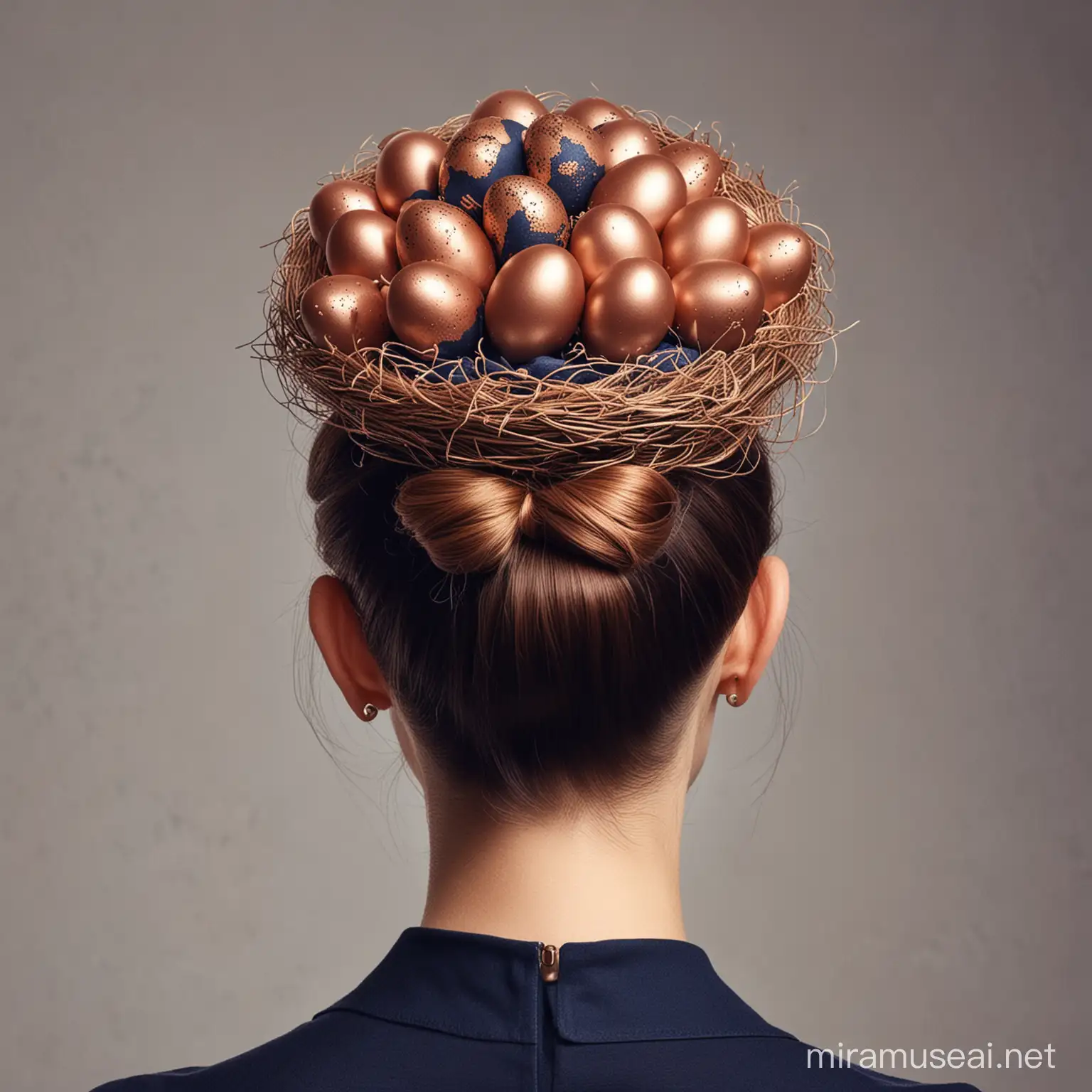 Je souhaiterais une image de coiffure de dos cheveux en chignon en forme de nid avec des oeufs bleus marine et rose gold pour une campagne publicitaire 