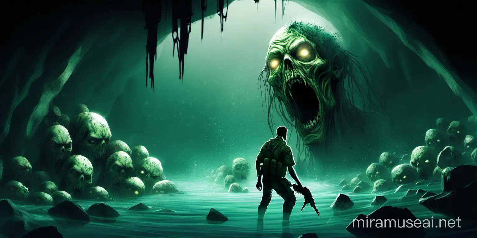 Concept art, a zombie soldier blocked by a seed in a cave under the water 