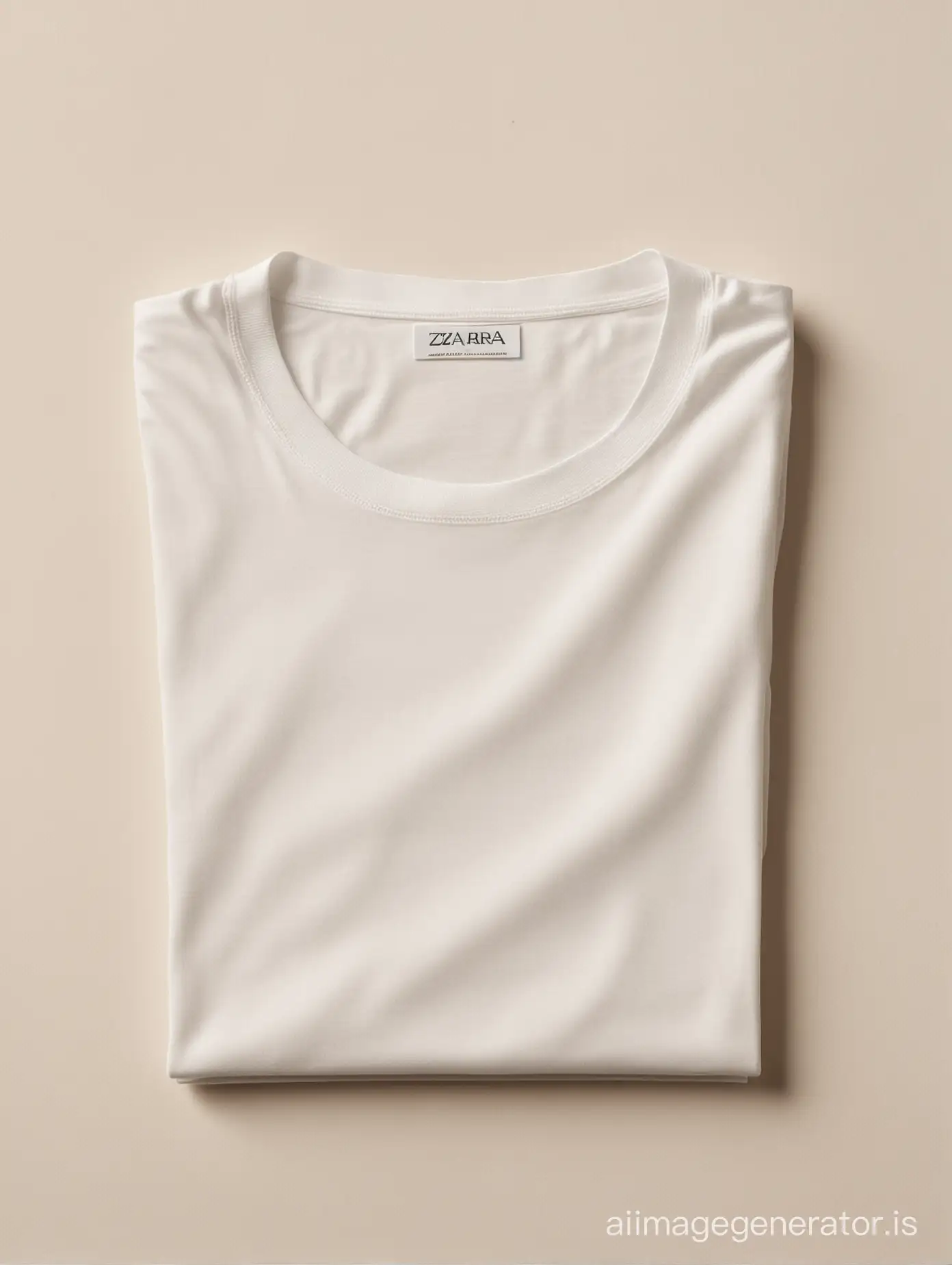 A high-resolution photo of a perfectly folded and ironed flat square BELLA CANVAS white  t-shirt with one white label , styled for a Zara brand catalog. The сollar of the t shirt  is completely smooth with no stitching or texture. Warm natural sunlight streams in from the left side of the image, highlighting the rich texture  of the natural fabric. The t-shirt should be meticulously folded into a square, with sharp edges and no wrinkles or imperfections. Imagine the fold as a series of precise rectangles stacked upon each other, creating a flawless geometric form. Maintain a minimalist, clean background for a polished look.