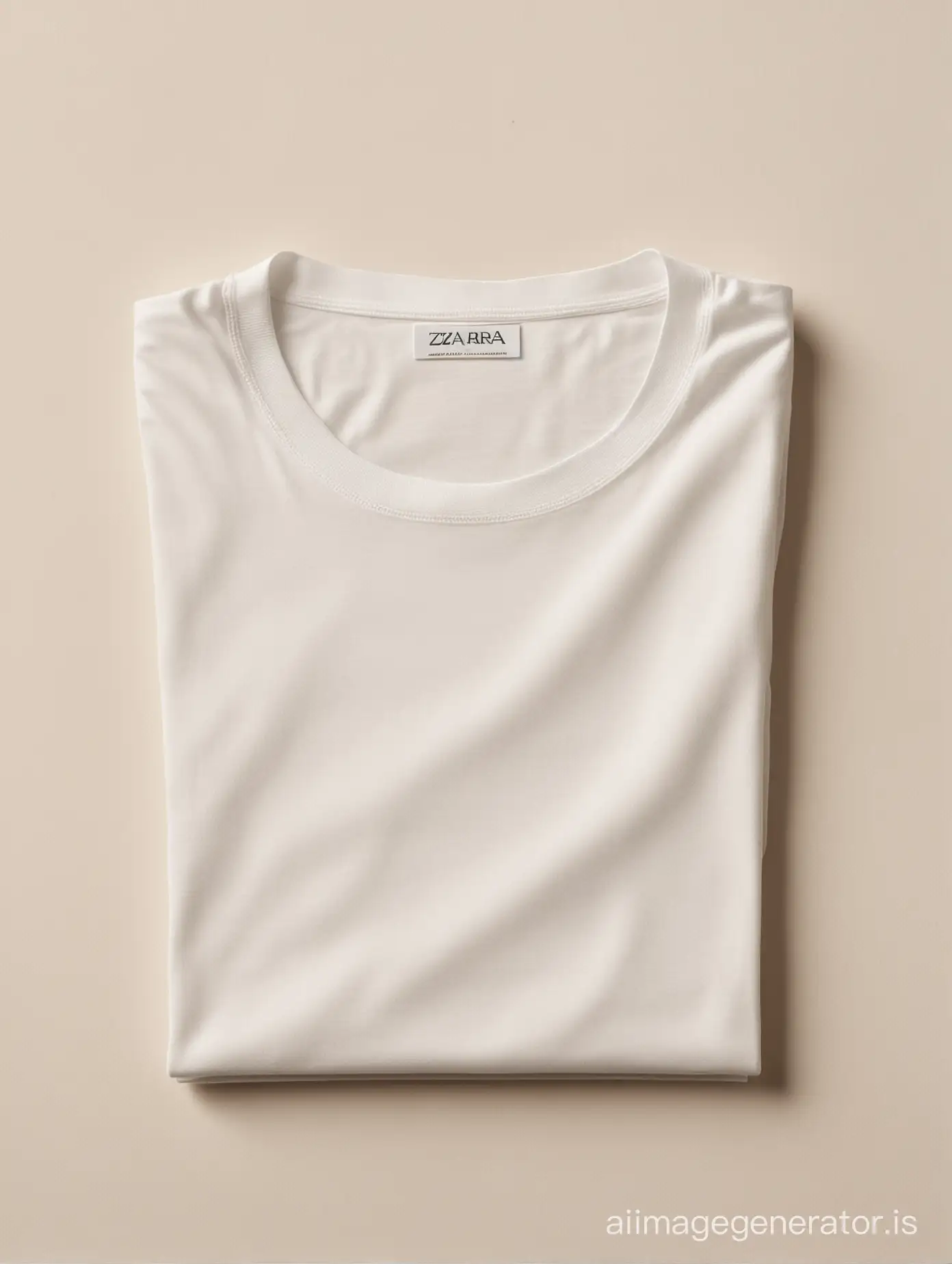 A high-resolution photo of a perfectly folded and ironed flat square BELLA CANVAS white  t-shirt with one white label , styled for a Zara brand catalog. The сollar of the t shirt  is completely smooth with no stitching or texture. Warm natural sunlight streams in from the left side of the image, highlighting the rich texture  of the natural fabric. The t-shirt should be meticulously folded into a square, with sharp edges and no wrinkles or imperfections. Imagine the fold as a series of precise rectangles stacked upon each other, creating a flawless geometric form. Maintain a minimalist, clean background for a polished look. 