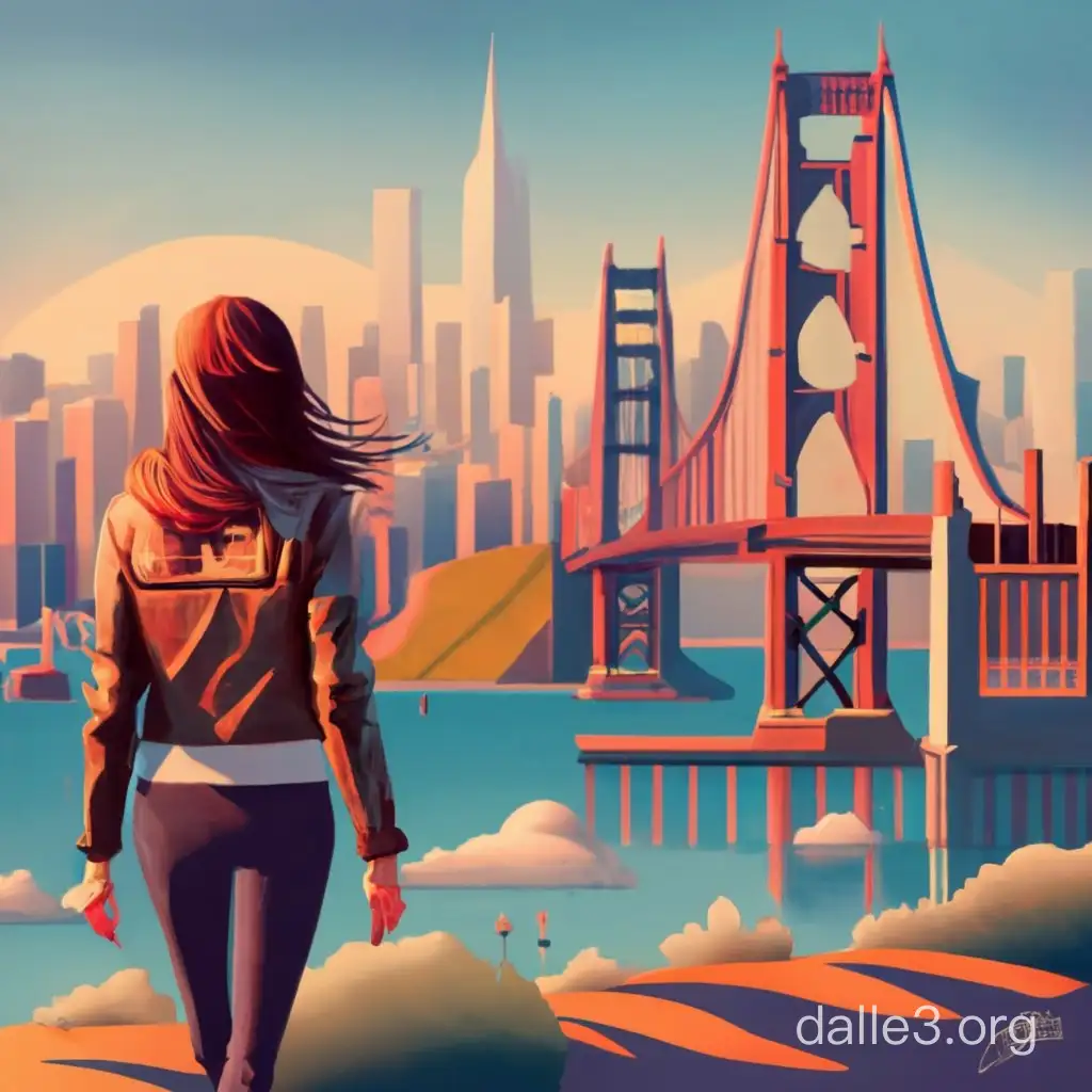 disegnami una ragazza con una giacca di pelle sfocata che cammina tra le strade di San Francisco con il Golden Gate Bridge in lontananza in estate con uno stile realistico che sembri una fotografia