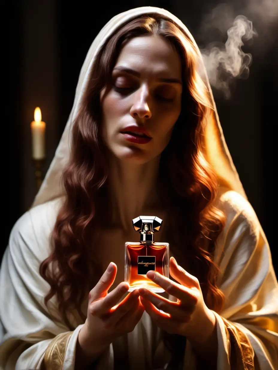 Visualize a powerful scene: picture Mary Magdalene holding expensive classic perfume,bathed in a warm, . image.HD, 8K