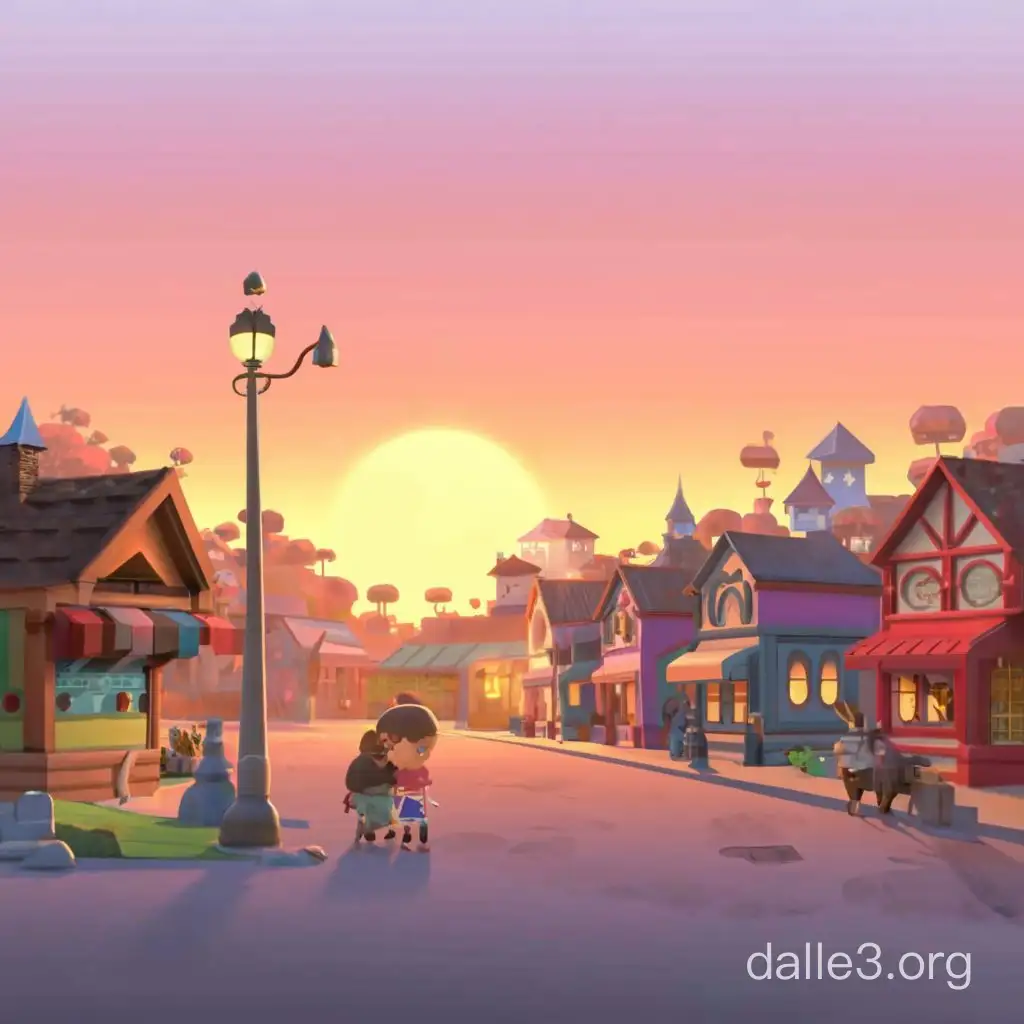 Cartoonish like sunset in a small town with animated characters