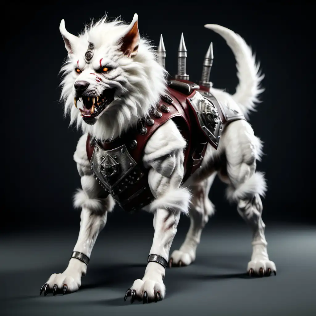 Realistic White Fur Hellhound in Dog Armor FullLength Front View