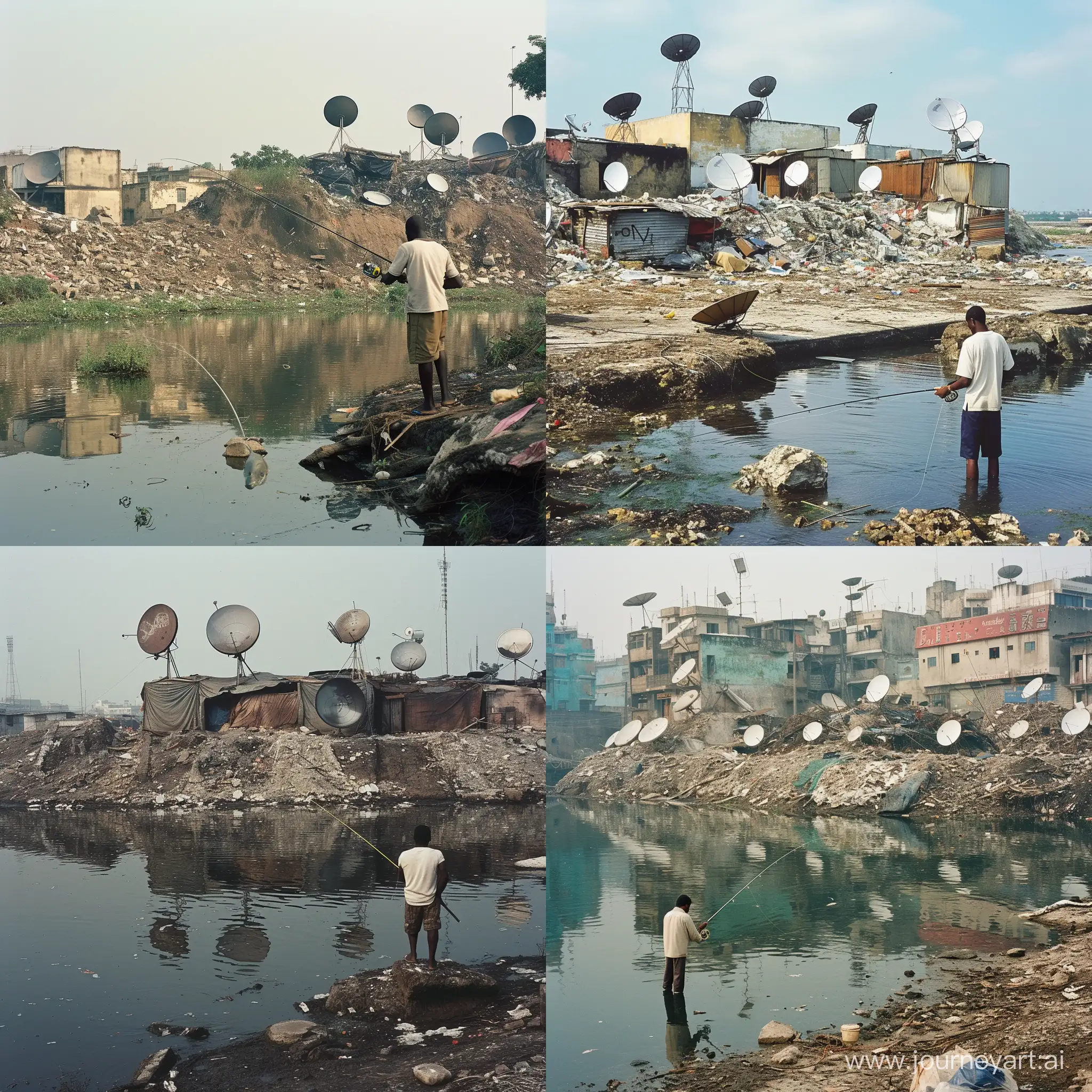 Serene-Fishing-Amidst-Urban-Decay-with-Satellite-Dishes
