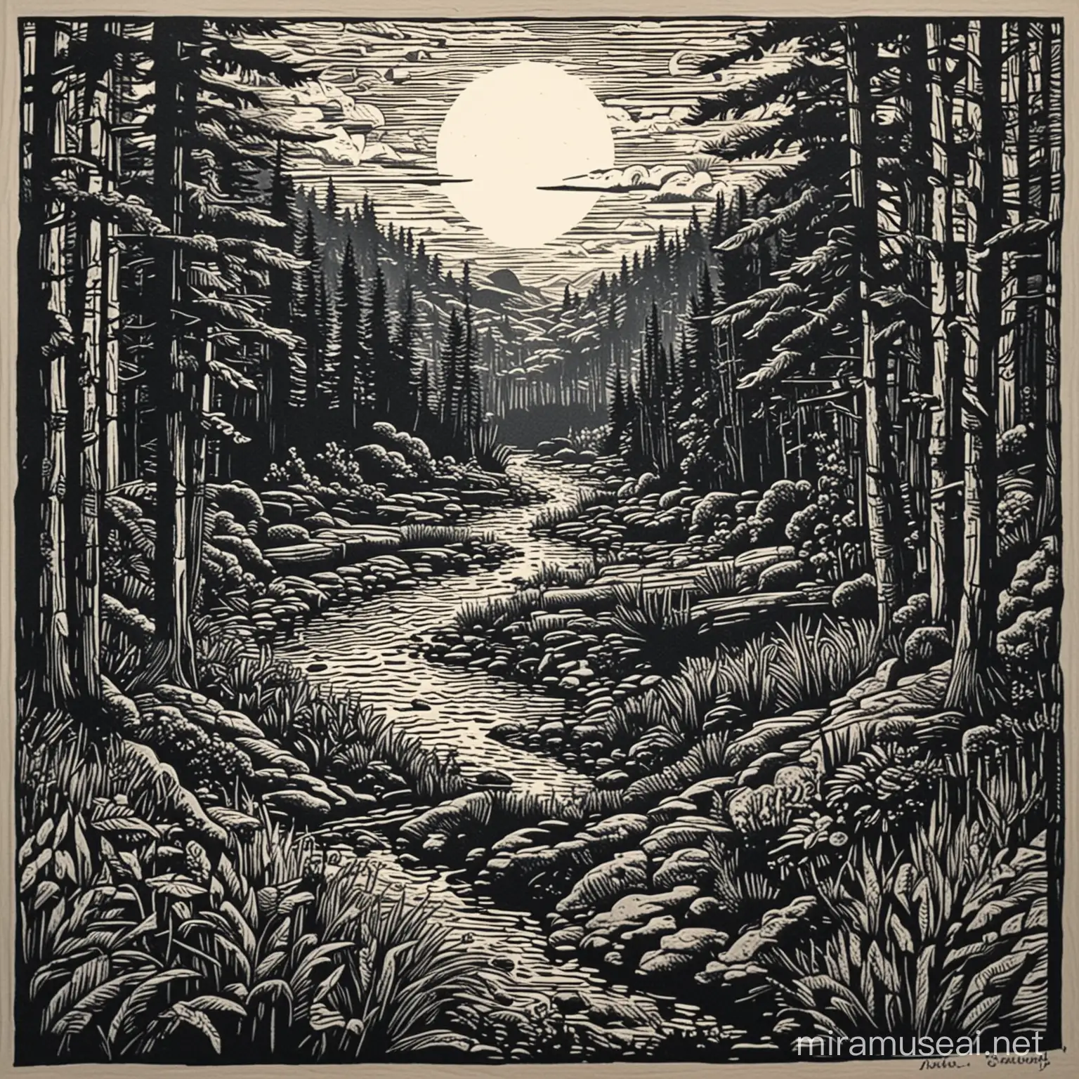 Serene Mountain Landscape Linocut Print