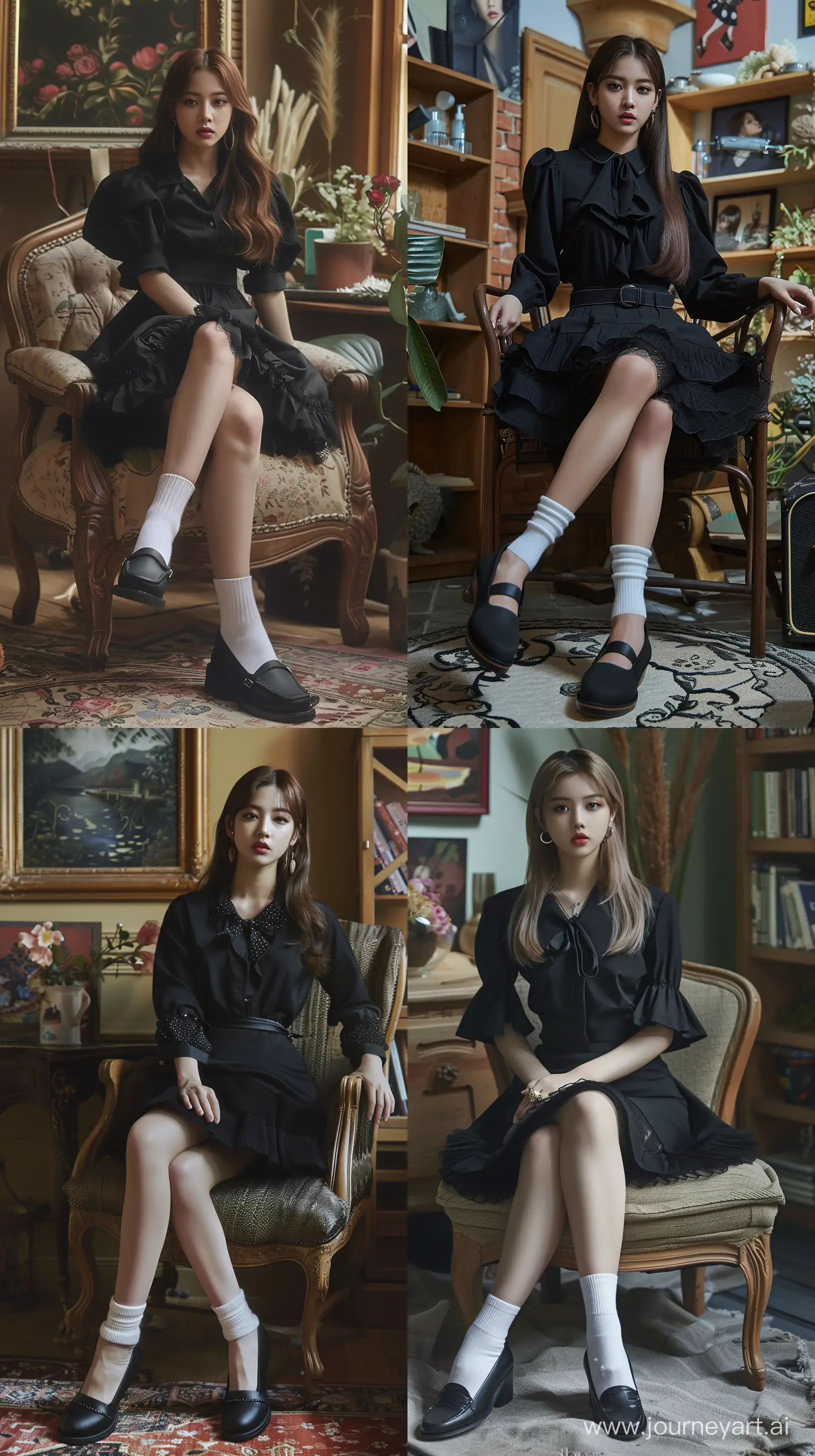 High resolution fashion photo of jennie blackpink's full body shot, wearing black short skirt and black blouse with black flat loafer shoes and white sock sit on chair,nature studio set, super casual, in the style of jennie, mysterious nocturnal scenes,fuji film, album covers, flickr --ar 9:16 --style raw --stylize 250 --v 6