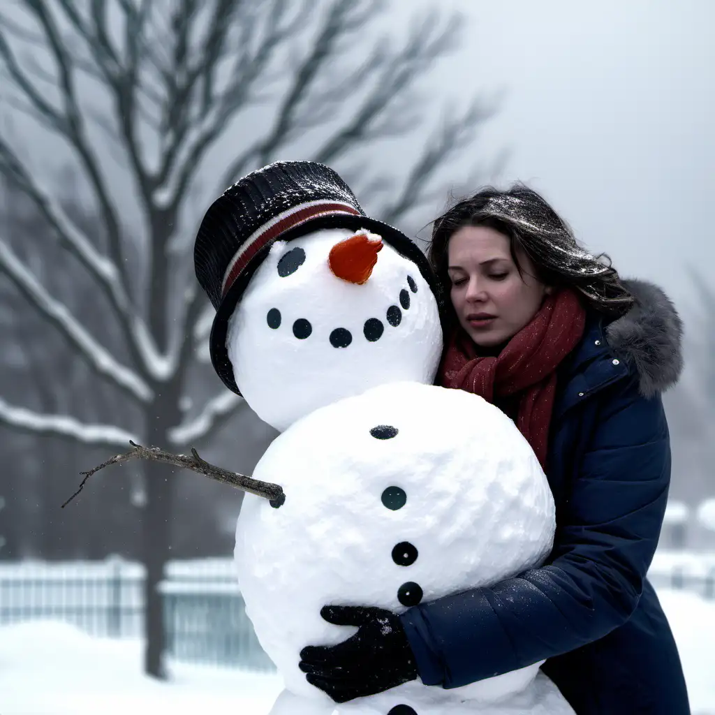 a woman standing outside shivering and cold with snow all around her snowman behind her