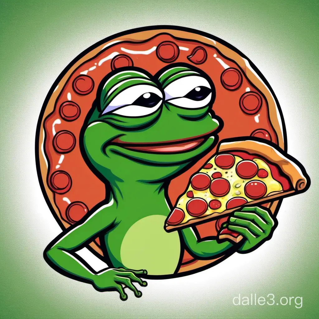 Cartoon Pepe Frog Enjoying Pepperoni Pizza | Dalle3 AI