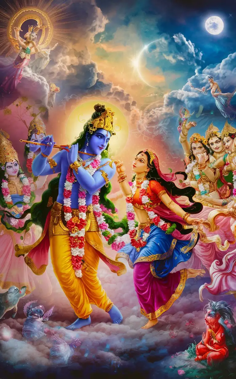 Create an image depicting the divine realm of Goloka, where Lord Krishna engages in his playful pastimes with Radha and his devotees, surrounded by celestial beauty.