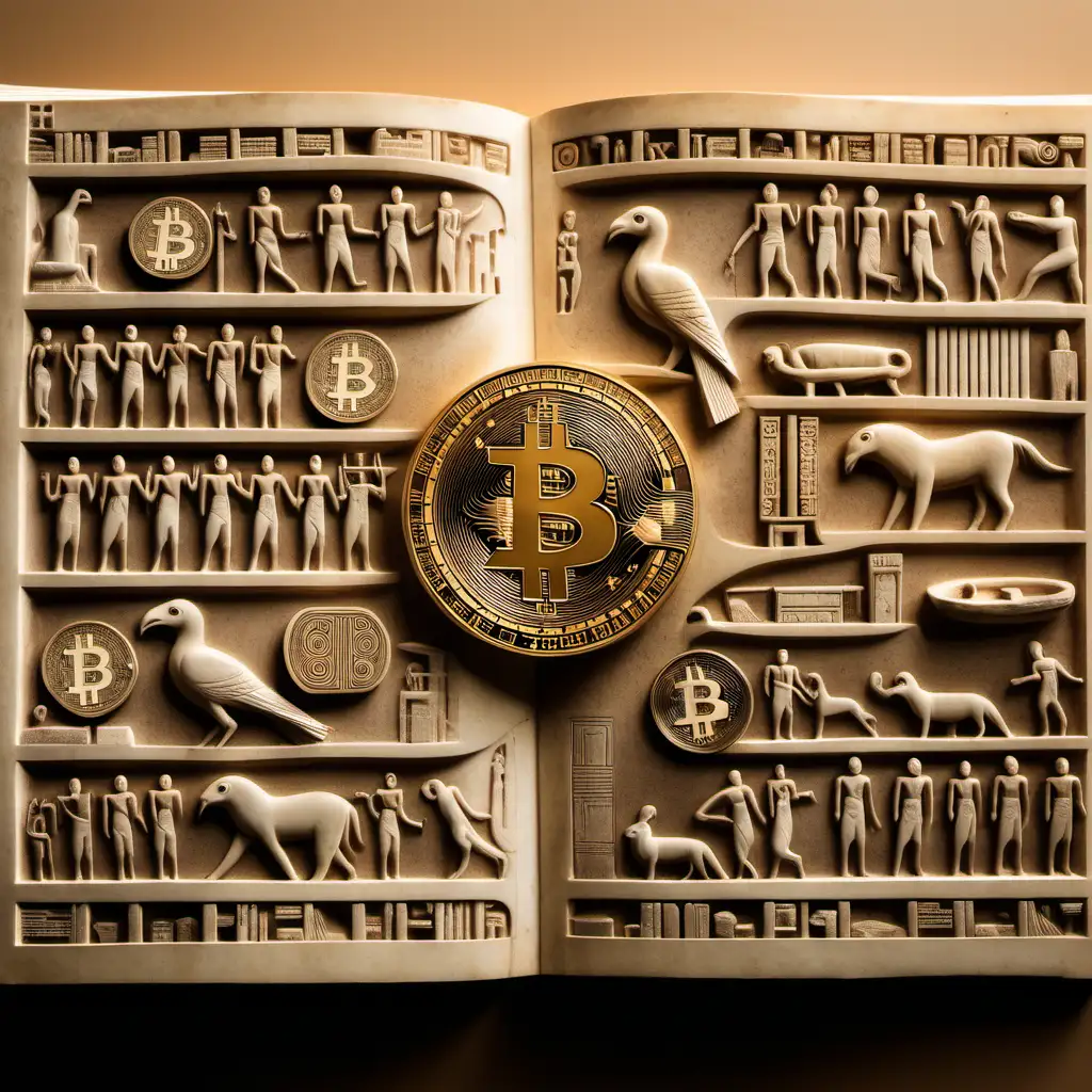 Ancient Hieroglyphic Book with Bitcoin Cryptocurrency in Antiquity