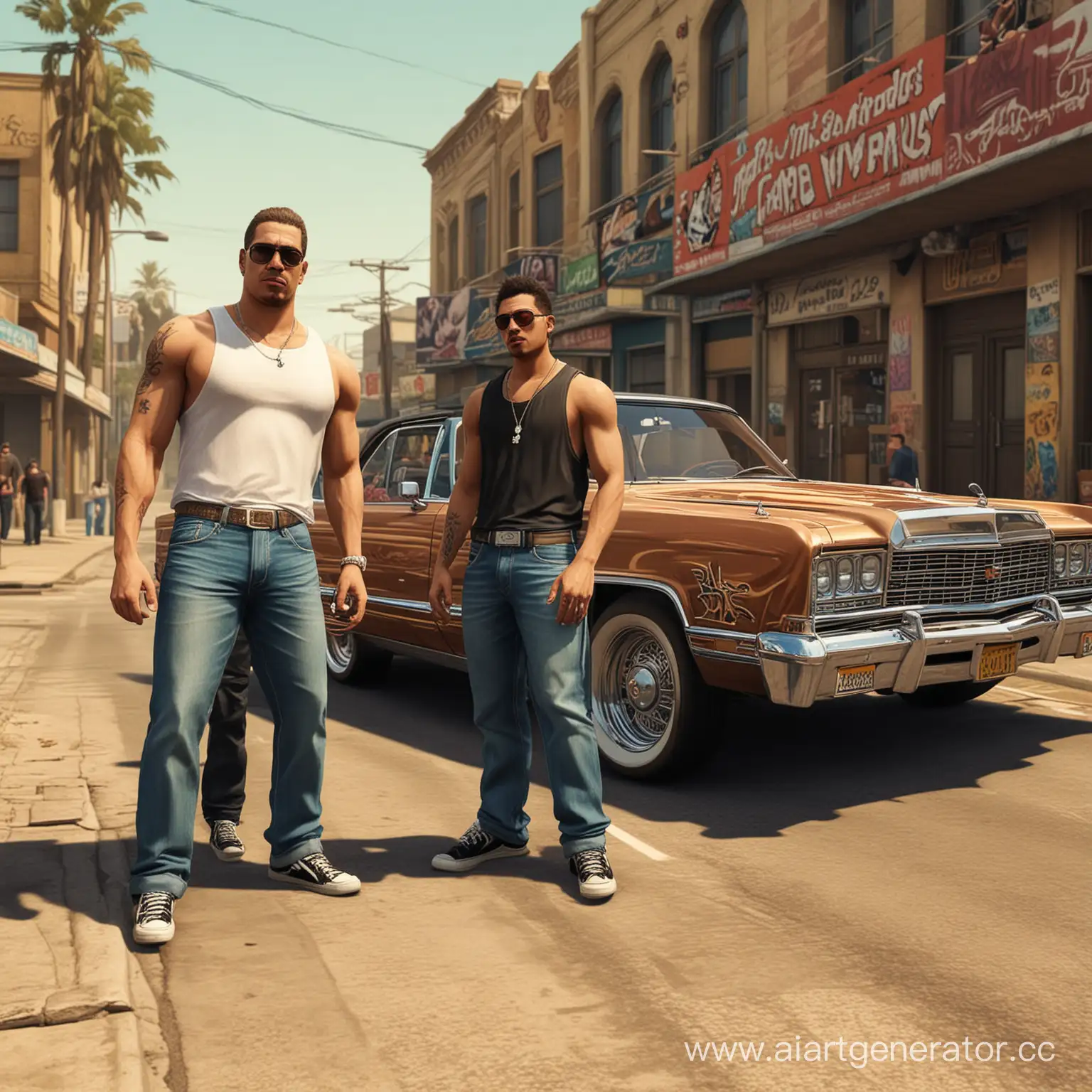 Два парня около лоурайда, картинка в стиле GTA San Andreas