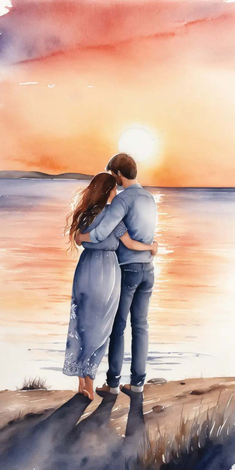 en kvinna och en man kramas och ser på solnedgång i vattenfärg
