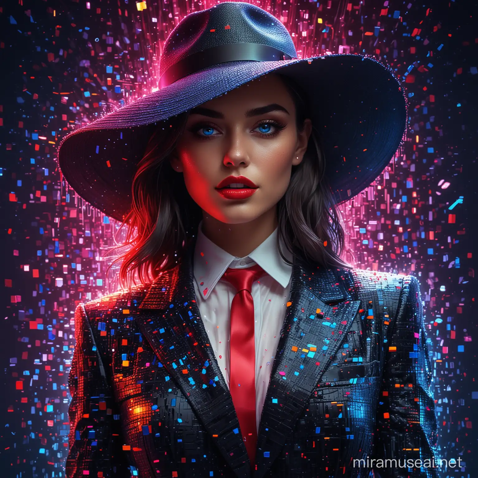 Pixel art, Aivision , body elegant model in elegant geometric style suit , black elegant hat , red lips , beautiful  blue eyes , bold neon colors , splash art , splashed neon colors , ( iridiscent glowy ) ( ( motion effects ) ) , best quality , UHD , centered image , MSchiffer art , ( ( flat colors ) ) , ( cel - shading style ) very bold neon colors , ( ( high saturation ) )