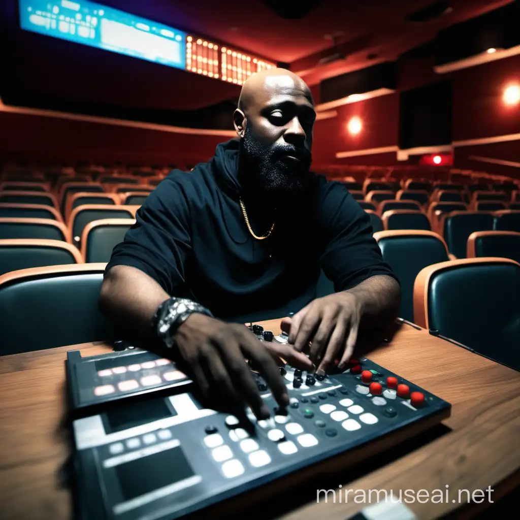 Bald bearded Black man sitting in front of a movie theater, making beats on a MPC beat machine while a movie is playing