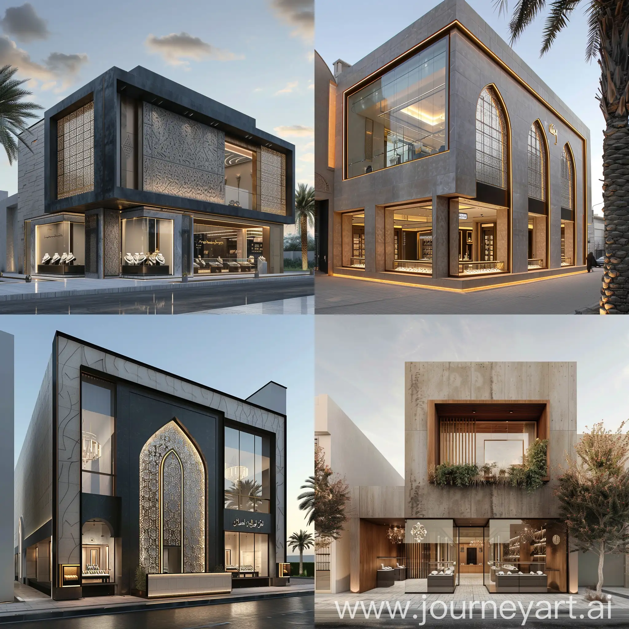 exterior facades architecture, Arabian Hijazi style, modern, minimal, for jewelry stores