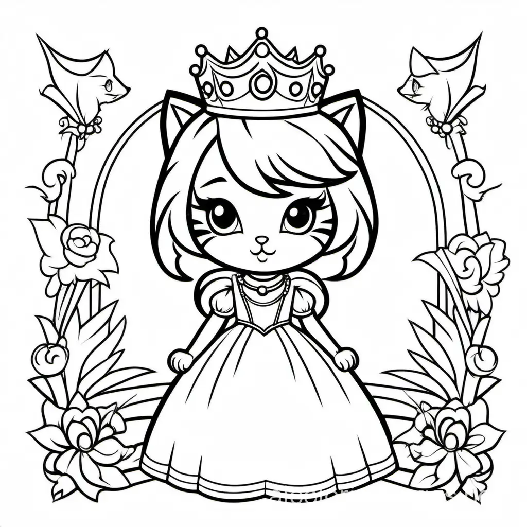 Kitty Princess, Coloring Page, black and white, line art, white background, Simplicity, Ample White Space. The background of the coloring page is plain white to make it easy for young children to color within the lines. The outlines of all the subjects are easy to distinguish, making it simple for kids to color without too much difficulty