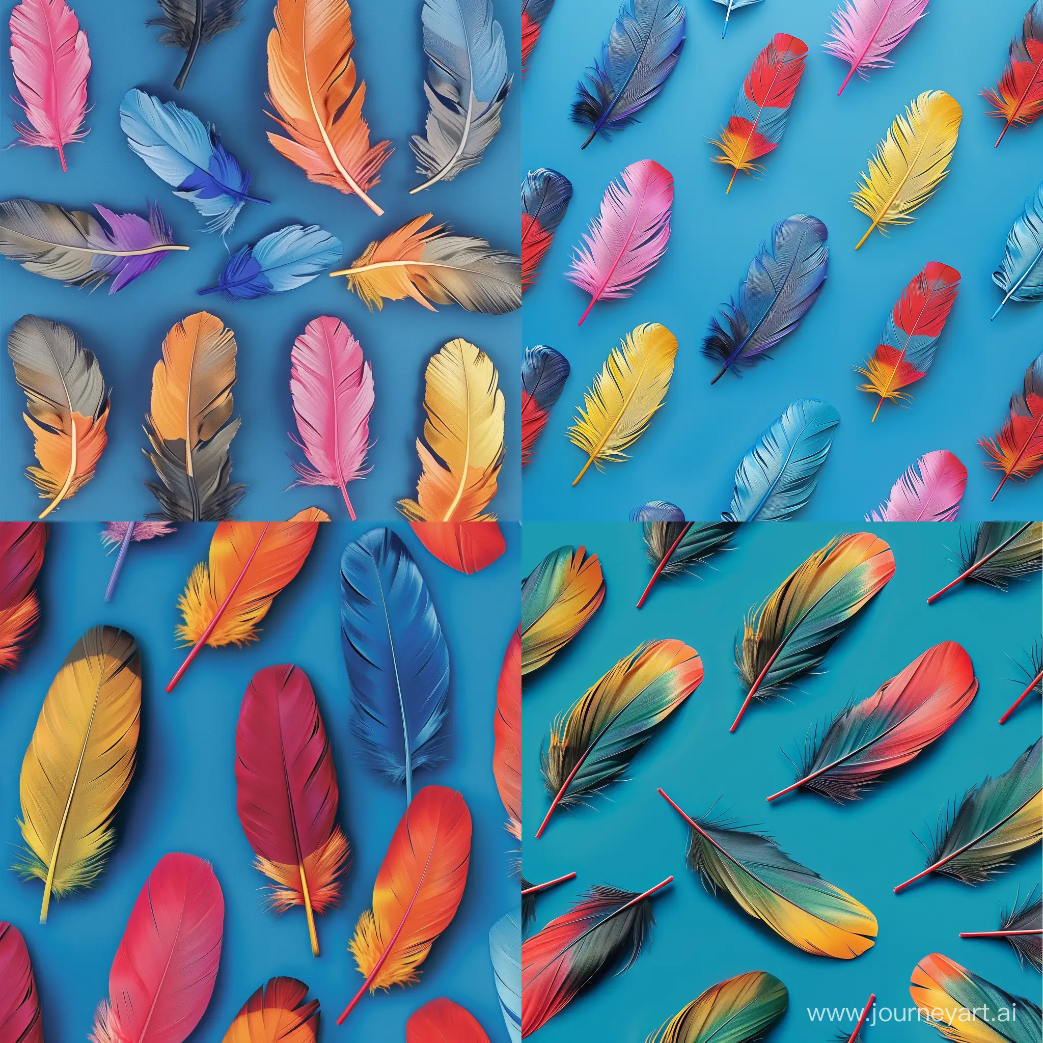 a pattern of photorealistic multicolored feathers on a blue background
