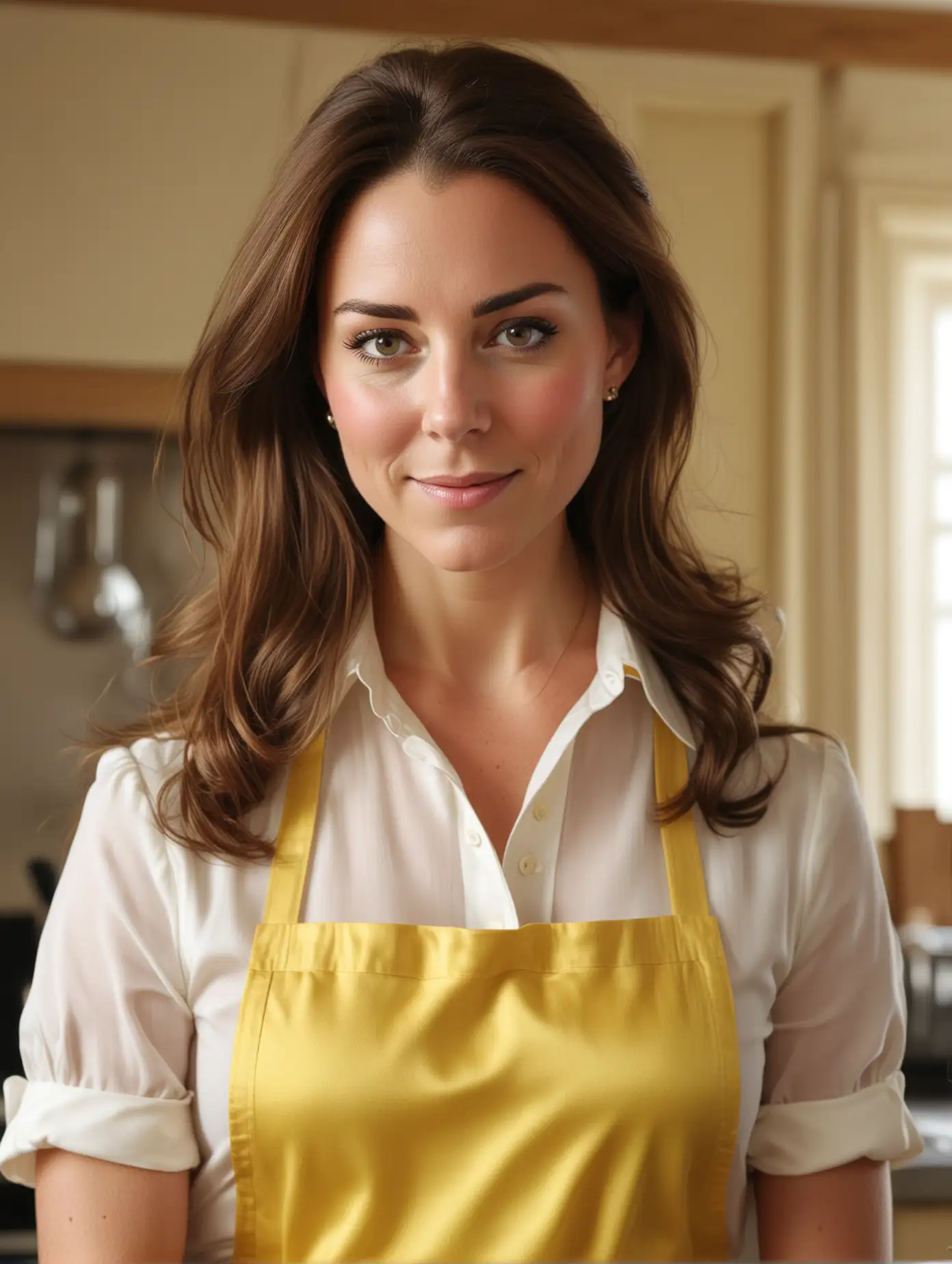 Kate Middleton, very attractive face, detailed eyes, big breasts, dark eye shadow, messy , wearing a cute yellow apron over a ivory satin blouse, extremely close up photo, bokeh background, soft light on face, rim lighting, facing away from camera, looking back over her shoulder, standing in a gourmet kitchen, photorealistic, very high detail, extra wide photo, full body photo, aerial photo