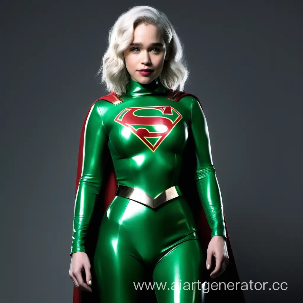 emilia clarke wearing a green latex supergirl kryptonite costume