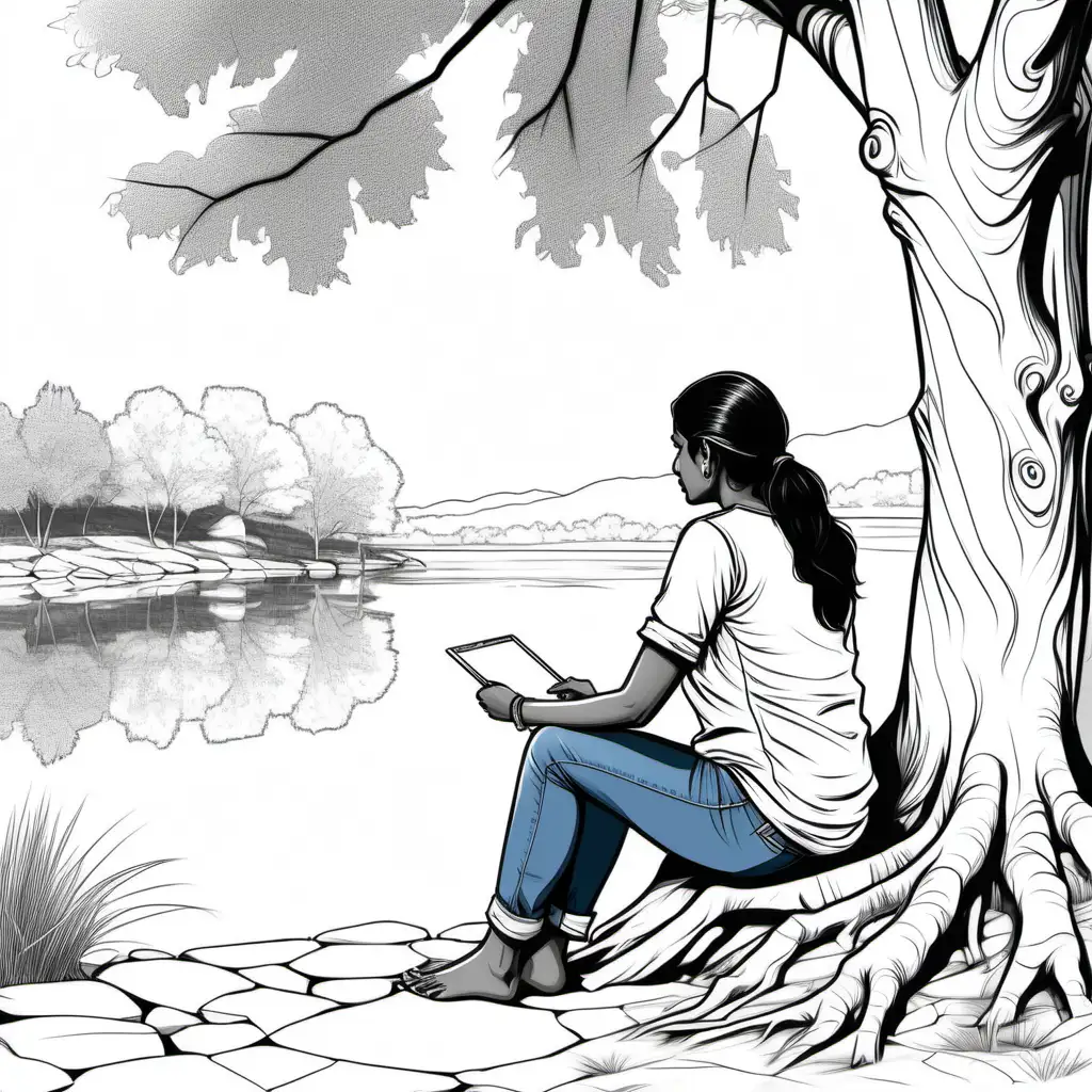 line art of a 40 yr old Indian woman wearing top and jeans, sitting near a natural lake , painting under the tree, her back is towords the screen
