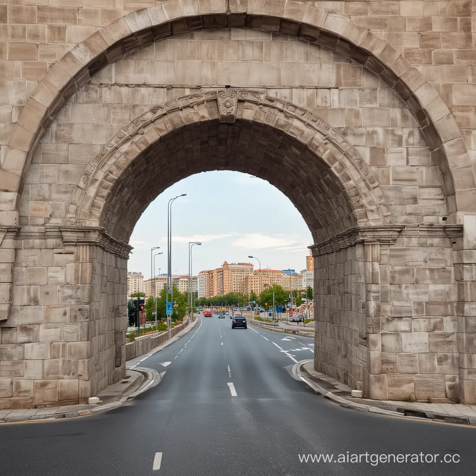 Круглая арка при въезде в город. Арка стоит на дороге