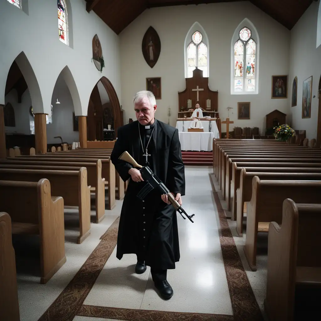 natural colour, Fujifilm X100, ultra realism, , escape, priest, with a Kalashnikov, in the church