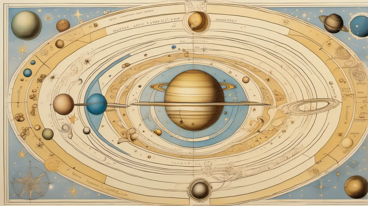 astrological chart and saturn, loose lines, on very light beige page , etching,  swirling vortexes, playfully intricate, puzzle-like elements , lbaby blue and light gold