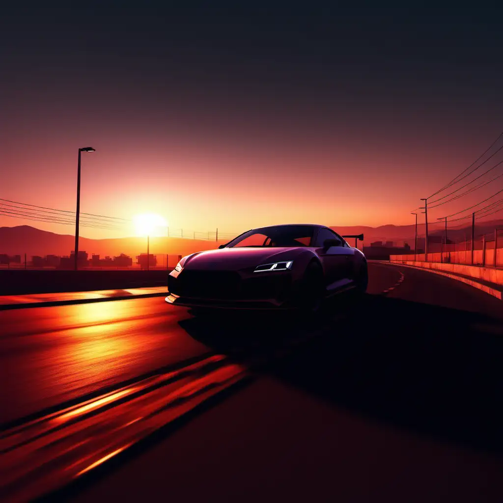 create picture dim shadow overlay of car on each side shadow and background with a aesthetic gaming sunset mixed with empty space for text in centre mid