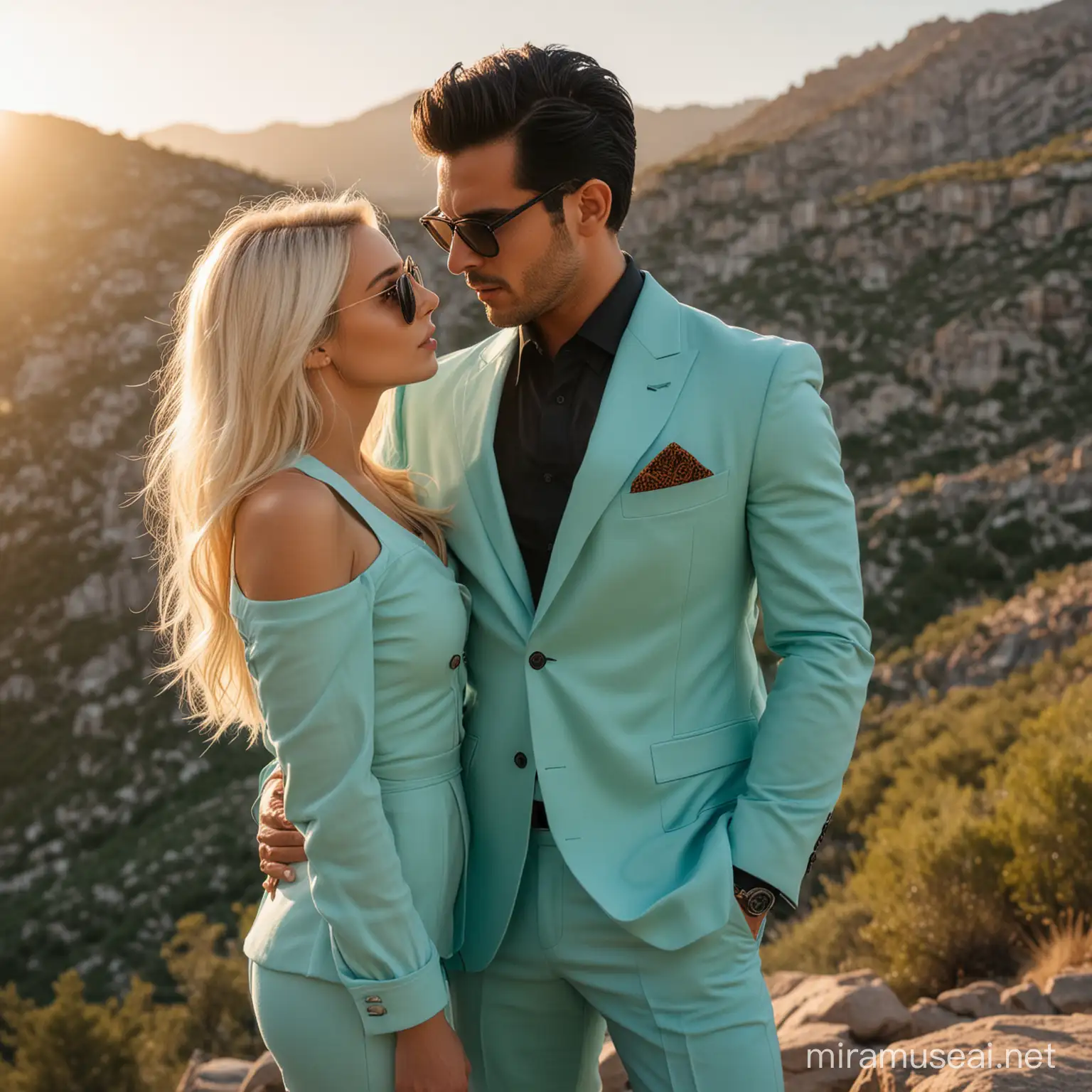 A handsome and elegant man with black hair, light beard, and sunglasses, wearing a turquoise suit, with a beautiful blonde girl in a mountainous place at sunset, looking at each other romantically.