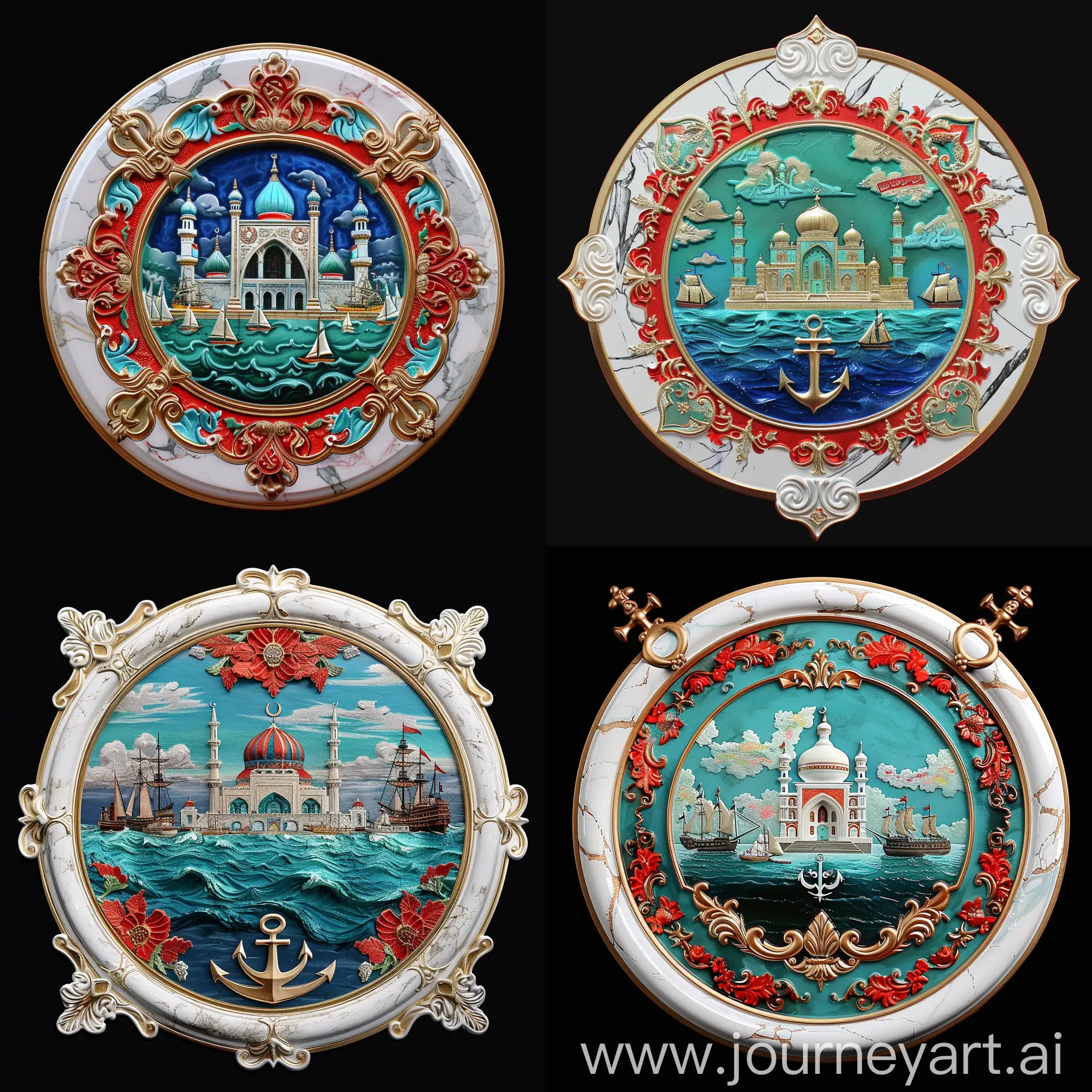an arabesque shaped round medal, inframing 3d embossed style red blue turquoise green white colorful painting depicting a Persian mosque beyond a sea with ships, Symmetric front perspective, solid red blue Persian floral design with golden outline embossed on border, torus moulding white marbled border, 3d Naval symbols affixed at corners of medal, shiny metallic gold framed, black background 