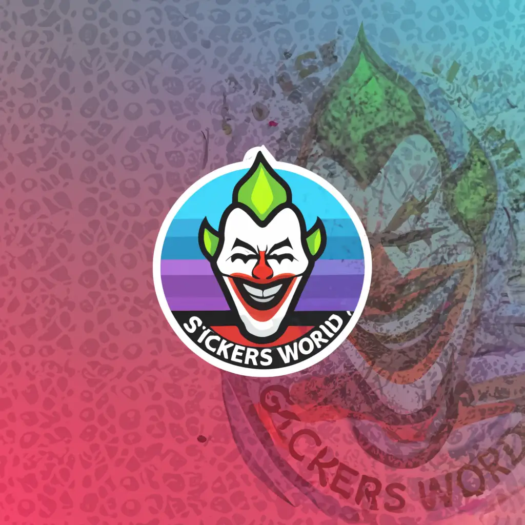 a logo design,with the text "Stickers World", main symbol:Sticker dealer
sticker of jocker
,complex,clear background