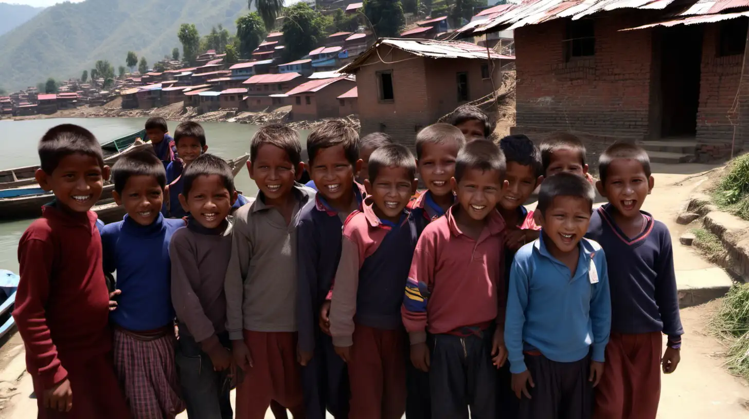 nepal, small fishing village with a lot of poverty, show happy children that should have education, convince the donors that they have to help them. cinematic
