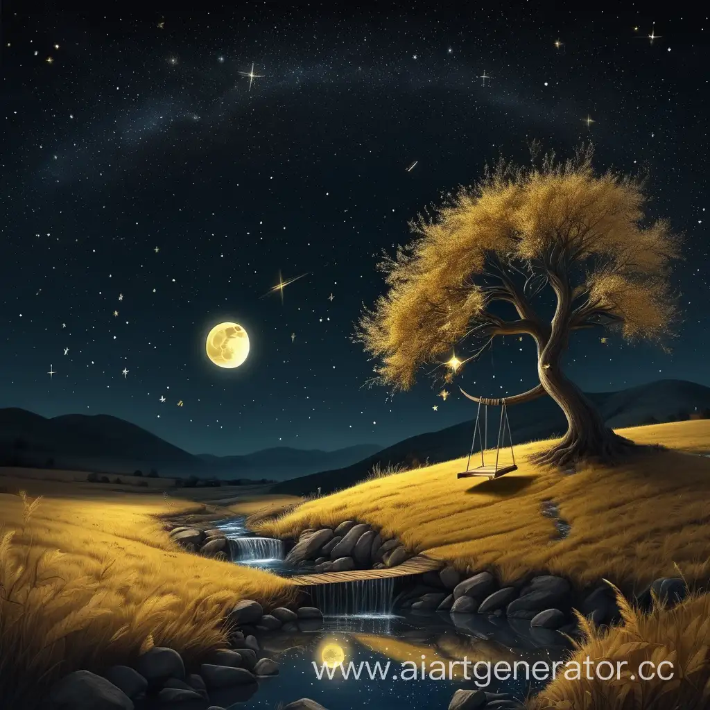 Tranquil-Night-Scene-with-Falling-Stars-and-Moonlit-Swing