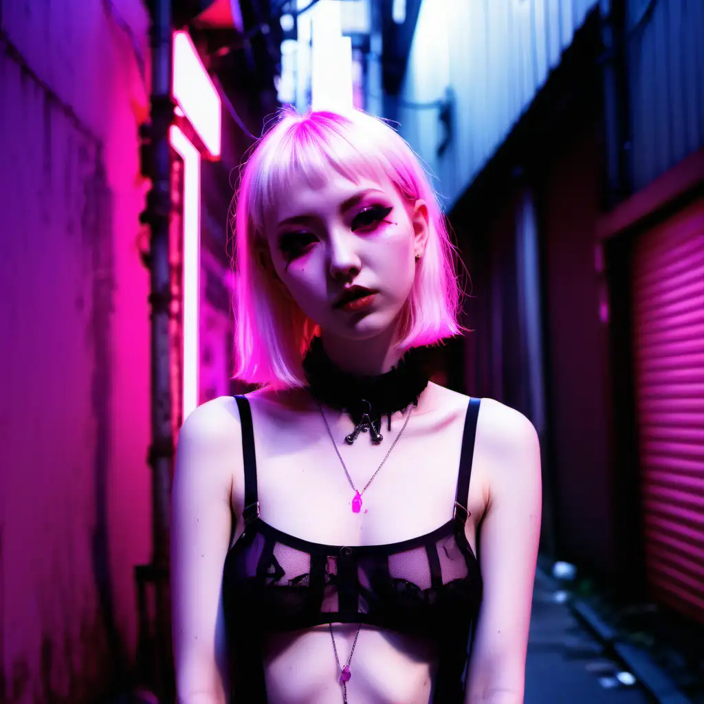 Goth girl. Pink Neon lights. 
Alleyway. Tokyo. Small breasts. Nipples. Pale skin. 

