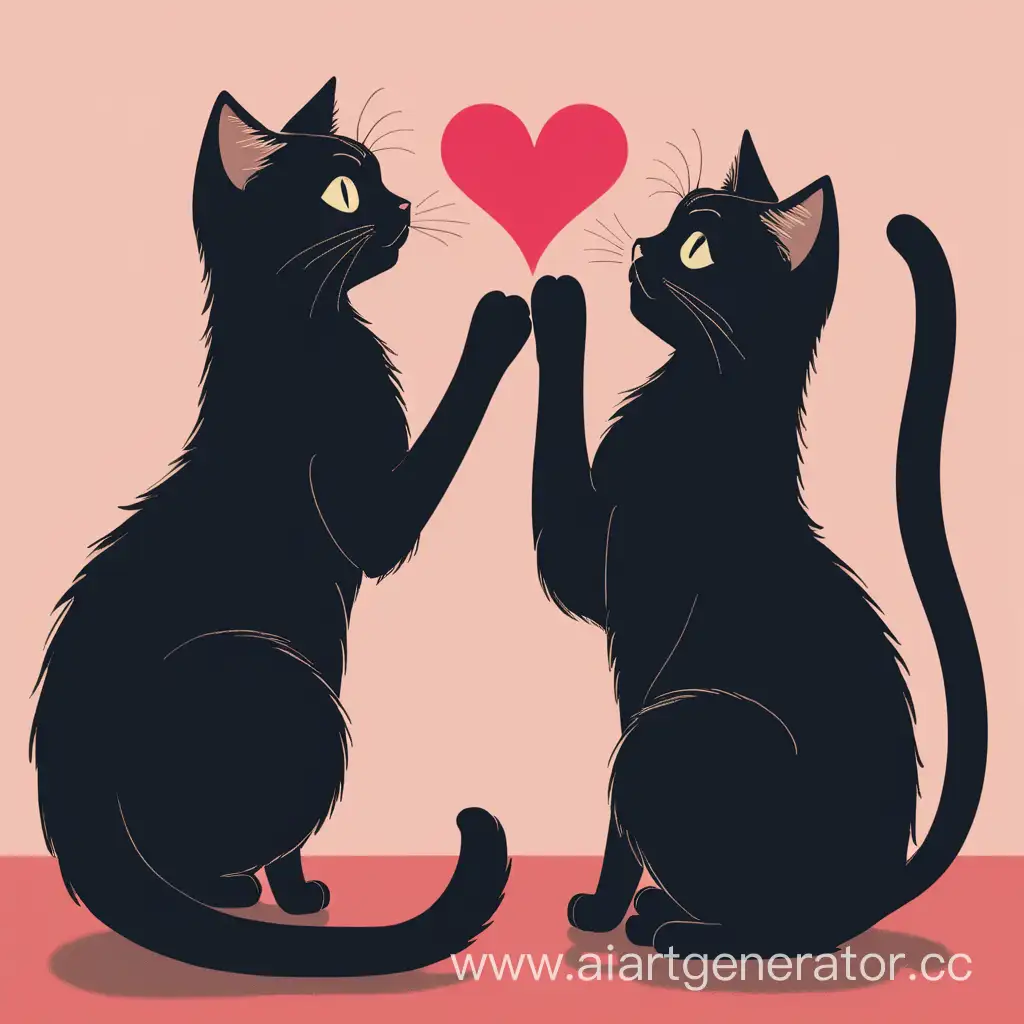 Две черные влюбленные кошки смотрят друг на друга.  длинные хвосты кошек изображают форму сердца над головами кошек. 
