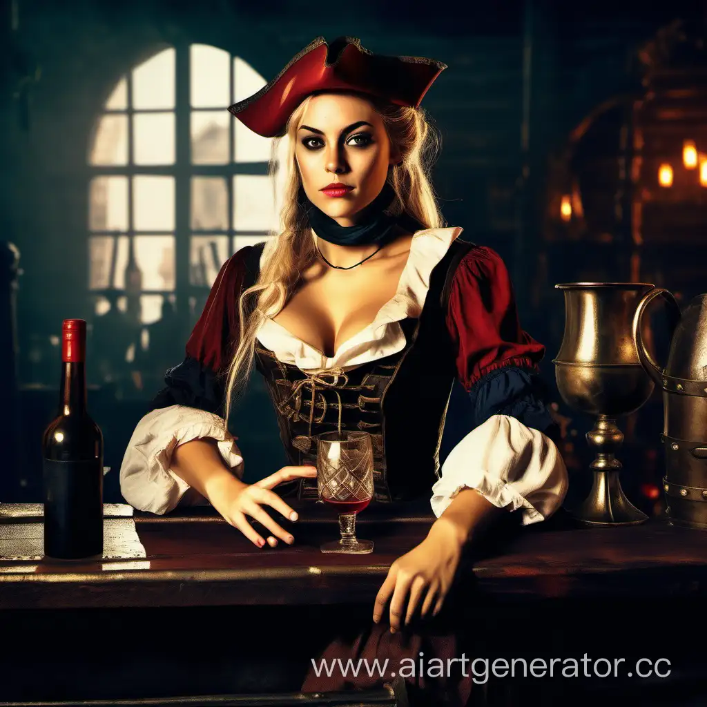 Девушка-пират в одежде 16-го века сидит на барной стойке с бокалом вина. Действие происходит в портовой таверне времён расцвета пиратства. Общий тон тёмный, мрачный