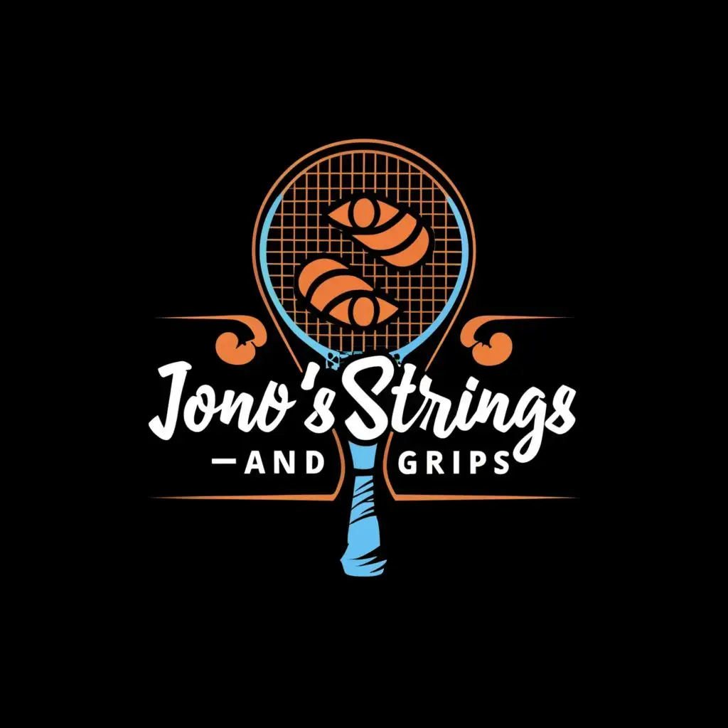 logo, Squash racket, with the text "Jono's Strings and Grips", typography, be used in Sports Fitness industry