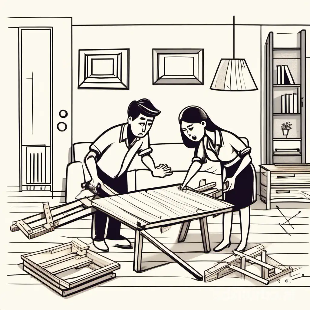 a couple trying to assemble a furniture using a manual, confused, cartoon style